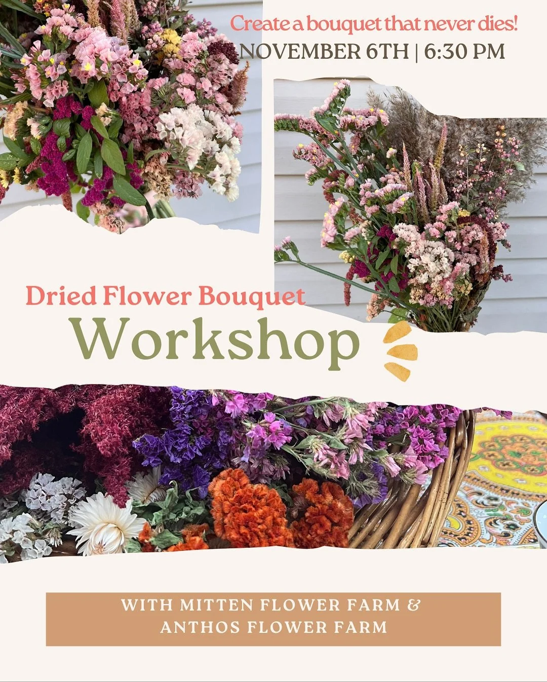 Ready to get creative? We called in the experts for not one but TWO fun events in November.
- Thursday, November 6th - dried flower bouquet making with @anthosflowerfarm and @mittensflowerfarm 
- Sunday, November 30th - holiday wreath making with @fi
