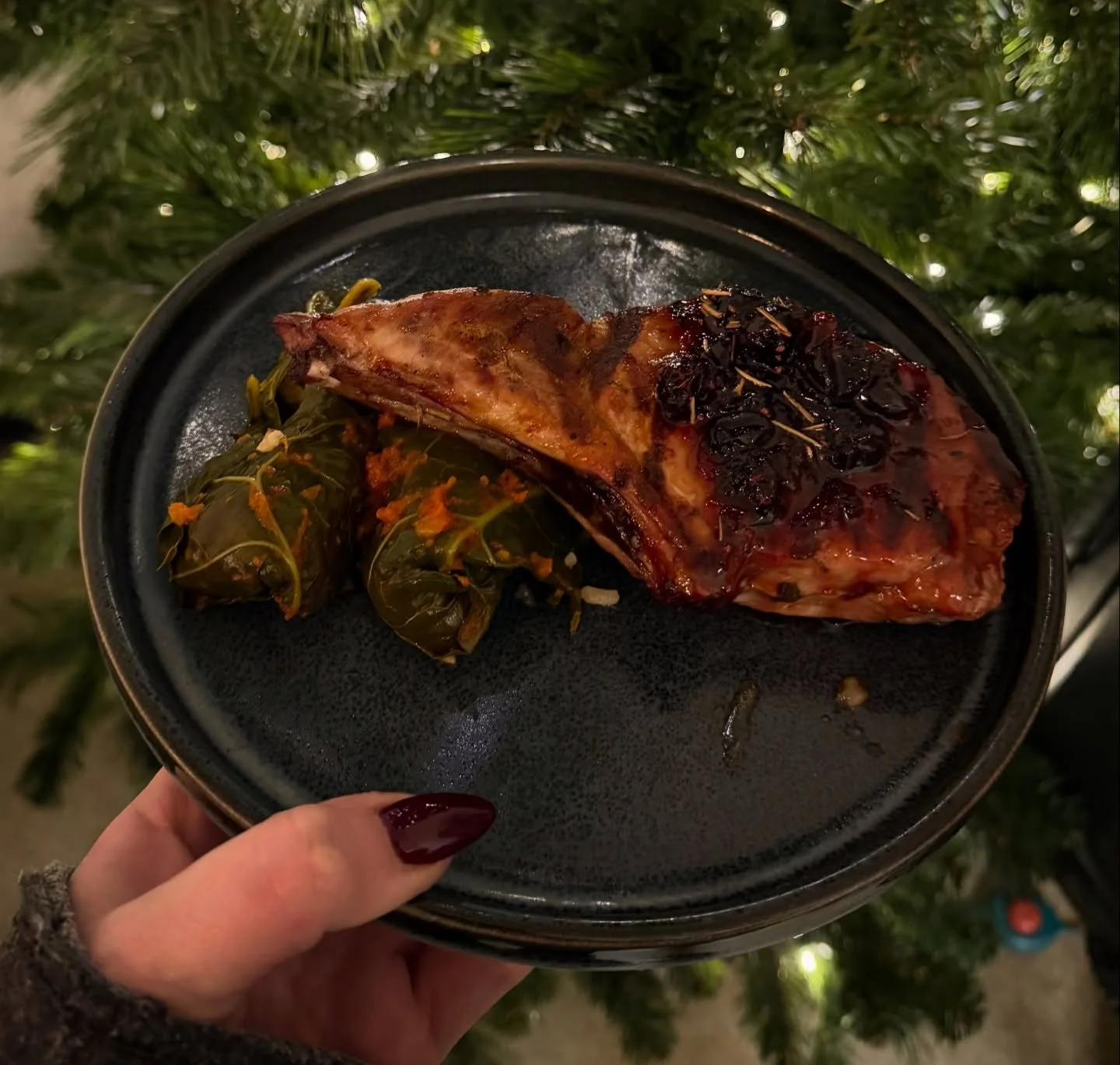 Weekend Special: Grilled bone-in pork chop with cranberry gastrique served with collard green rolls stuffed with cajun rice 

Pairs well with our Christmas cocktails 🎄 

Sweet potato cheesecake for dessert! 

#weekend #special #eatlocal #uppersandus