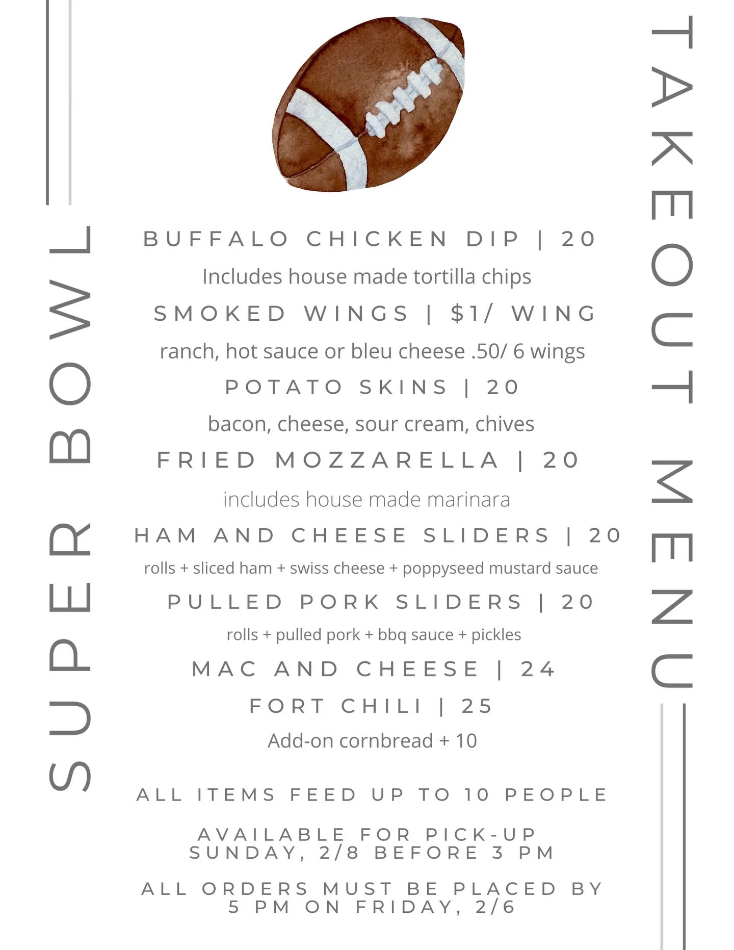 Are you watching the Super Bowl next Sunday for the game or the commercials? Either way - let us handle the food for you! Place your order by 5 PM on Friday, 2/6 for pick up on Sunday, 2/8

Link to order: https://docs.google.com/forms/d/e/1FAIpQLSfUn