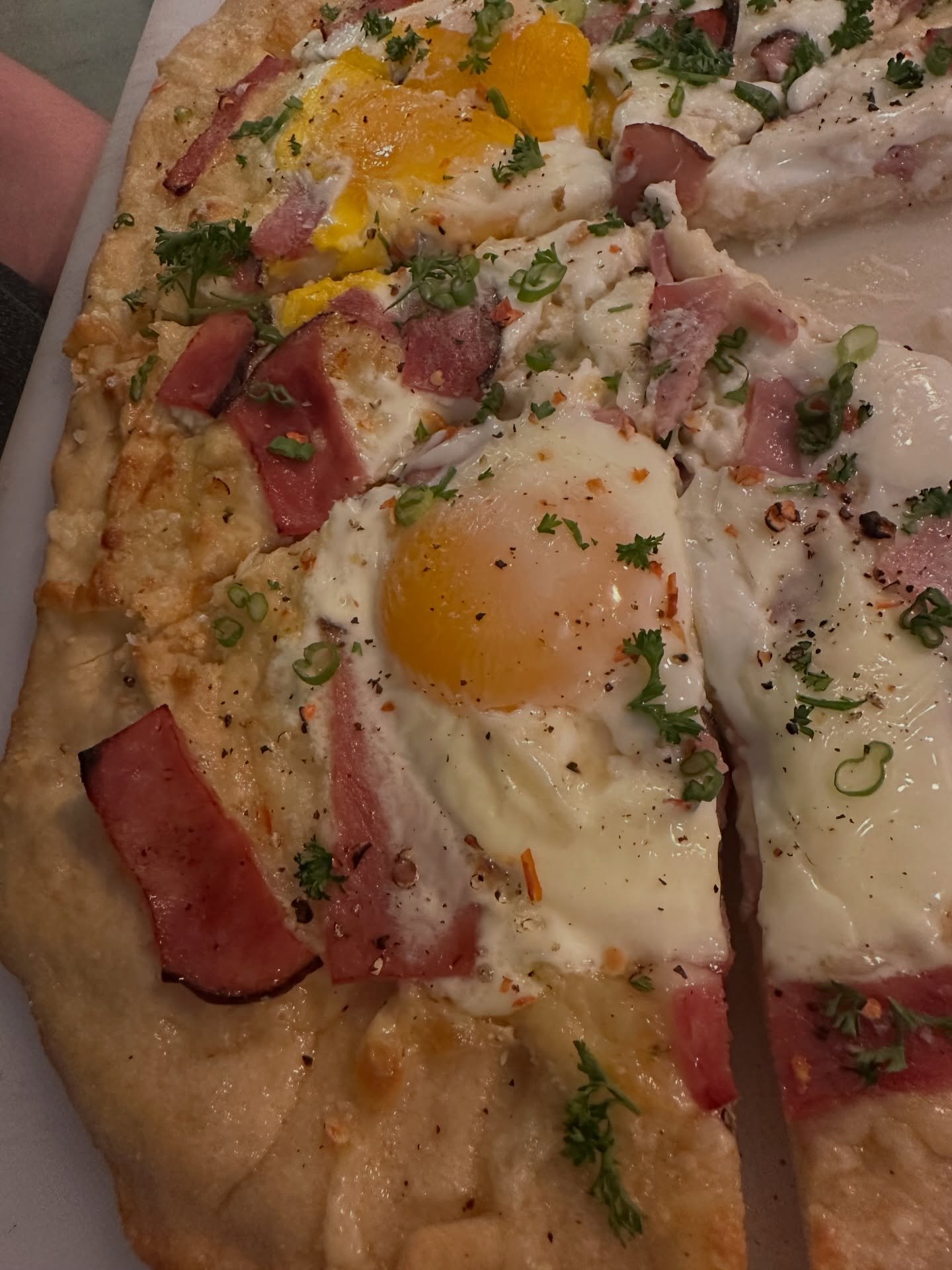 Join us for brunch this weekend and try our new breakfast flat bread! House made bread, dijon b&eacute;chamel sauce, swiss cheese, ham and eggs 🍳

Limited quantities will be available each day so join us Saturday or Sunday 10 AM - 2 PM 🥂 

#brunch 