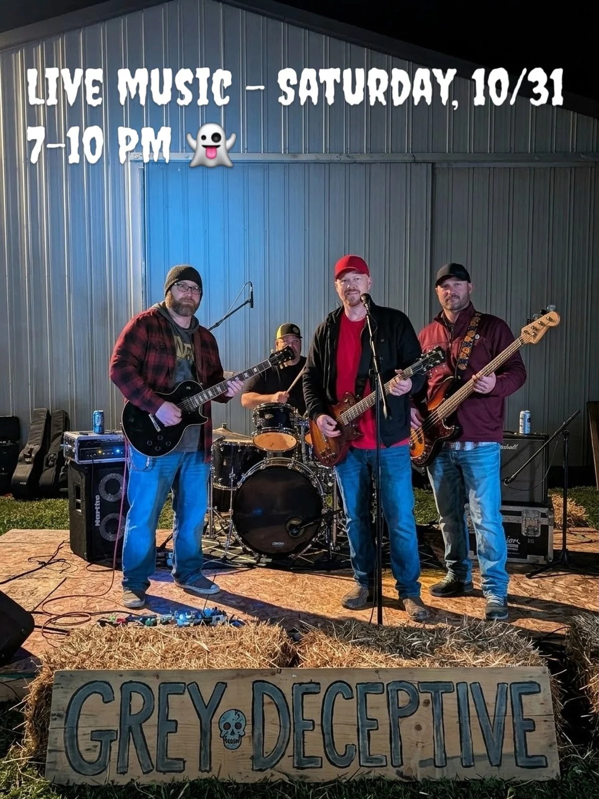 Grey Deceptive is joining us on Halloween for live music! 🎃 

Grey Deceptive is back and ready to turn up the volume!
​Four long-time friends with over 20 years of music history behind them are hitting the stage once again. Fueled by high-energy 90s
