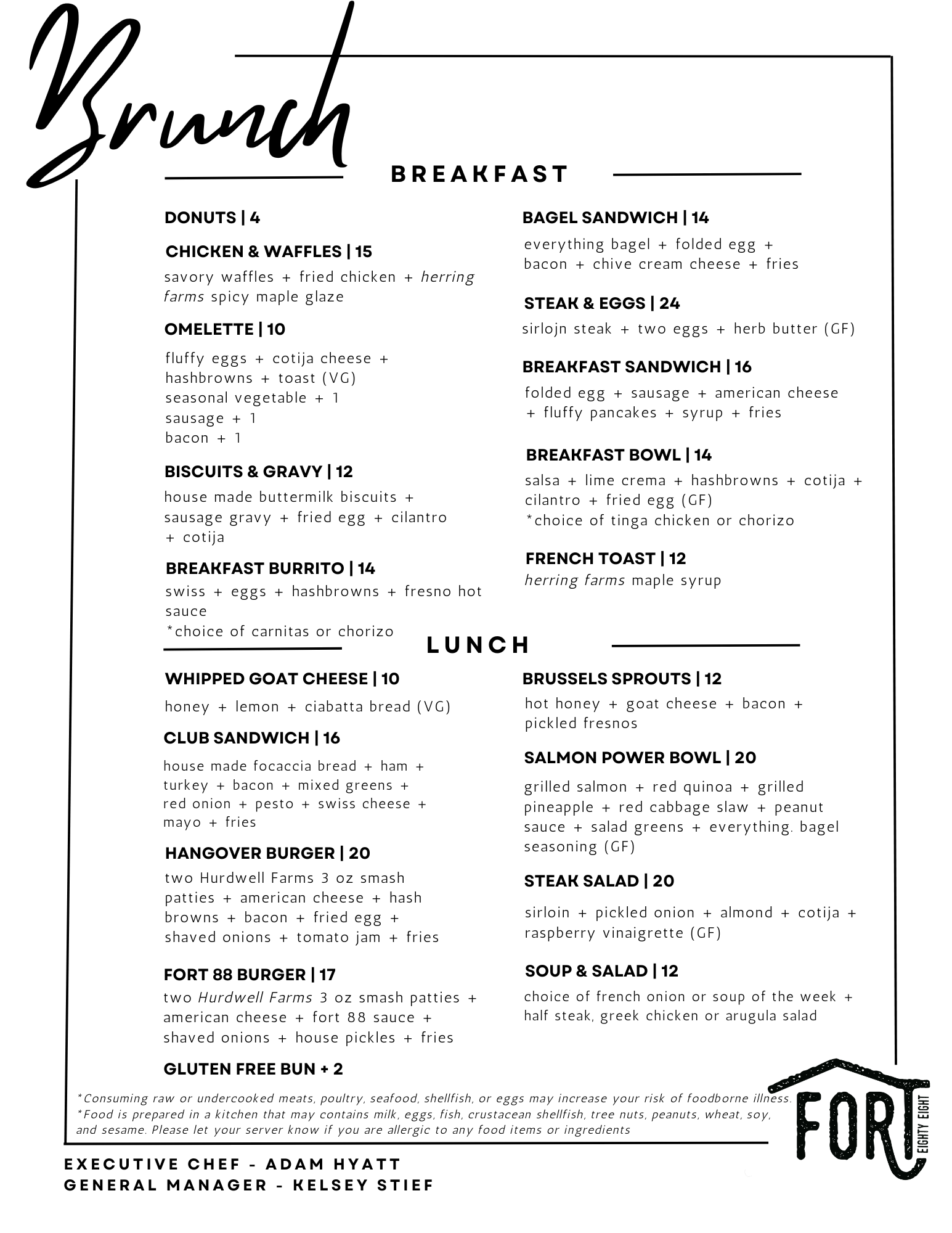 A breakfast menu featuring options like donuts, chicken and waffles, omelette, biscuits and gravy, lunch items such as an open-face sandwich, salads, and bowls, with prices listed next to each item.