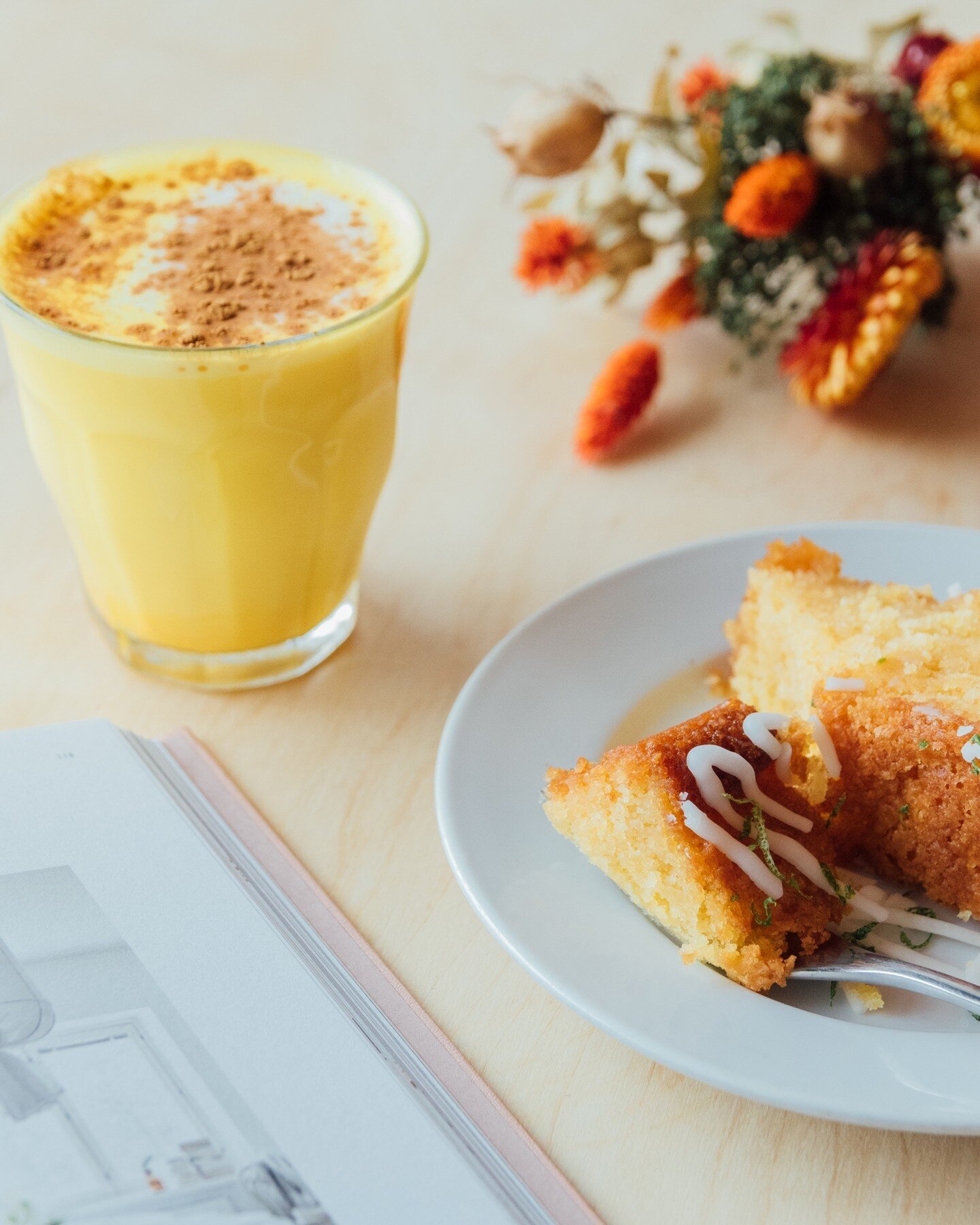 A turmeric latte &amp; a slice our homemade Lemon, almond &amp; polenta loaf makes for the perfect Monday afternoon! 🌷