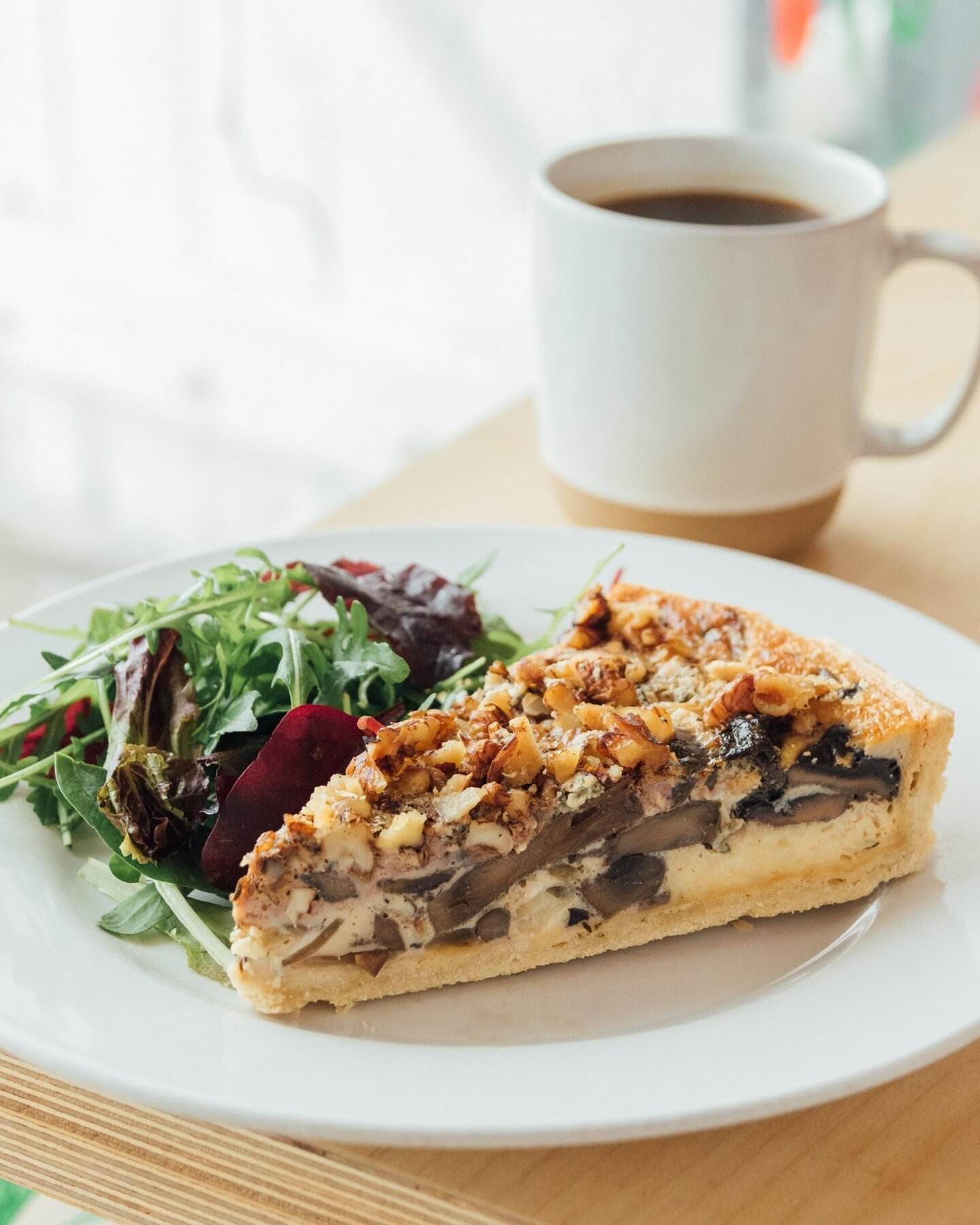 Simple but delicious...

Mushroom, Kentish blue cheese &amp; walnut quiche with salad and a black coffee! ☕️