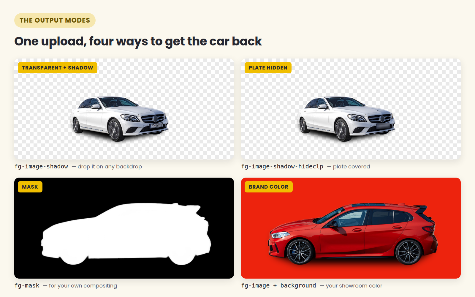 Car background removal output modes