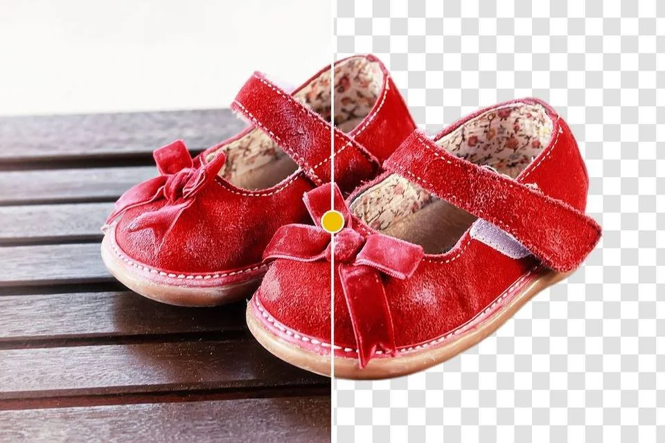 Red children's shoes on a wooden table; the right half shows the same shoes cut out by the API4AI Background Removal API on a transparent background