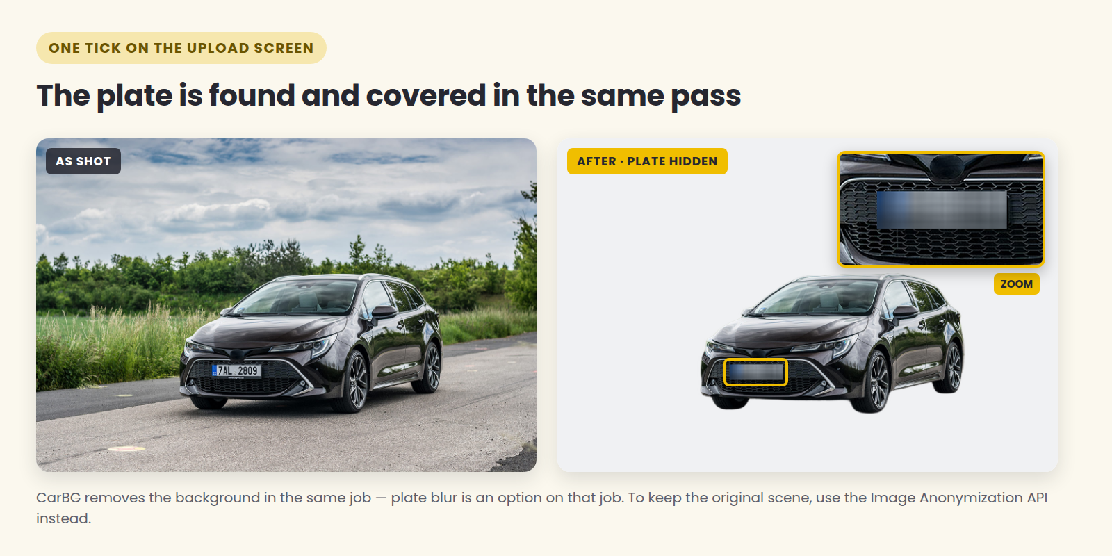 A car photographed by a roadside, and the same car cut out on a plain background with its license plate hidden