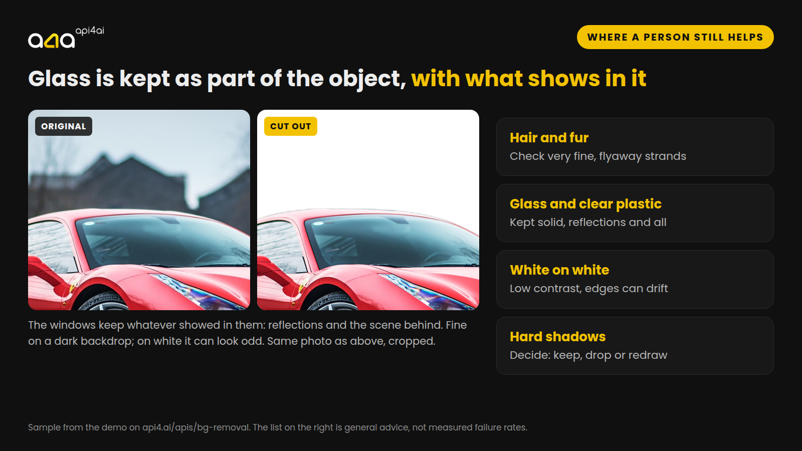 Where a person still helps. Glass is kept as part of the object, with what shows in it. Jair and fur: Check very fine, flyway strands. Glass and clear plastic: Kept solid, reflections and all. White on white: Low contrast, edges can drift.