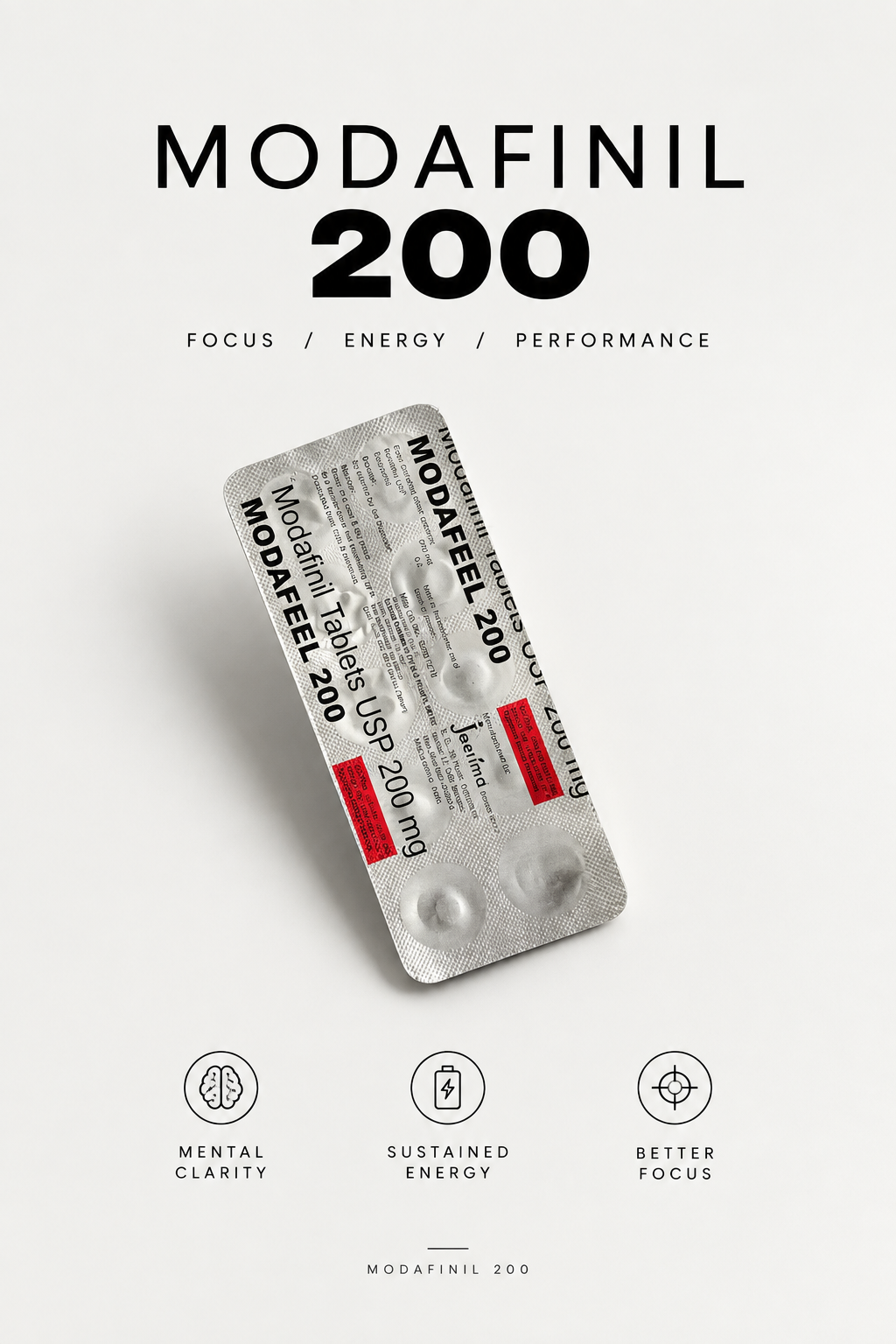 Publicidad de Modafinil 200, en caja y pastillas. Texto que destaca beneficios como claridad mental, energía sostenible y mejor enfoque, con iconos representativos de la mente, energía y enfoque.