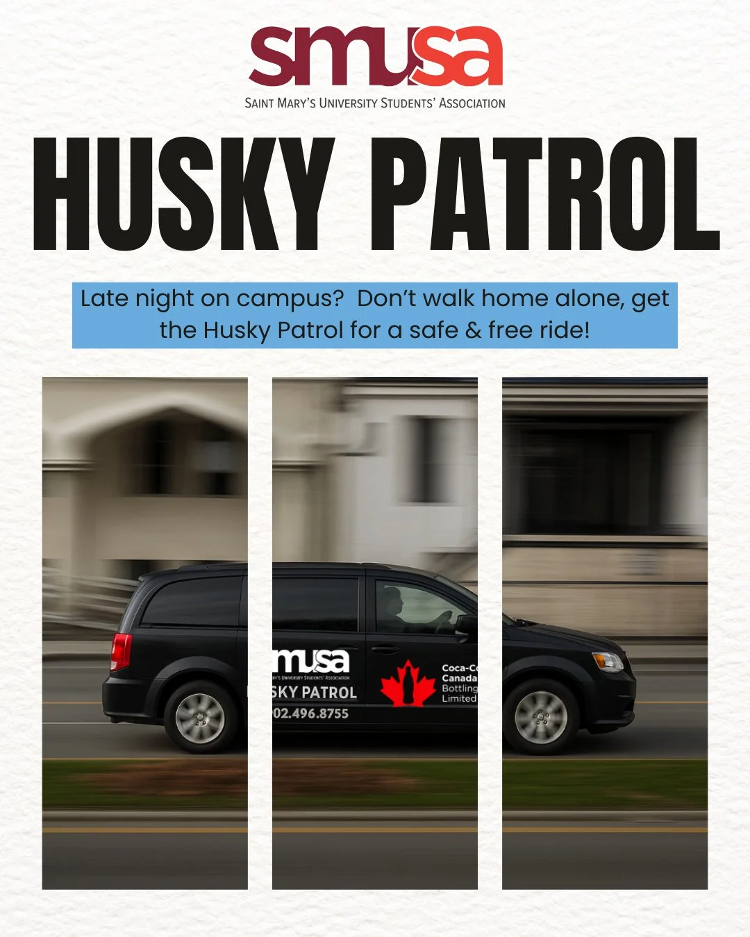 Need a safe and easy way to get to or from campus? Husky Patrol has you covered!⁠
⁠
✅ FREE for all SMU students, staff, and faculty⁠
📍 Operates within the Halifax Peninsula (map available at the Information Desk)⁠
🕒 Sunday&ndash;Friday: 6:30 PM &nd