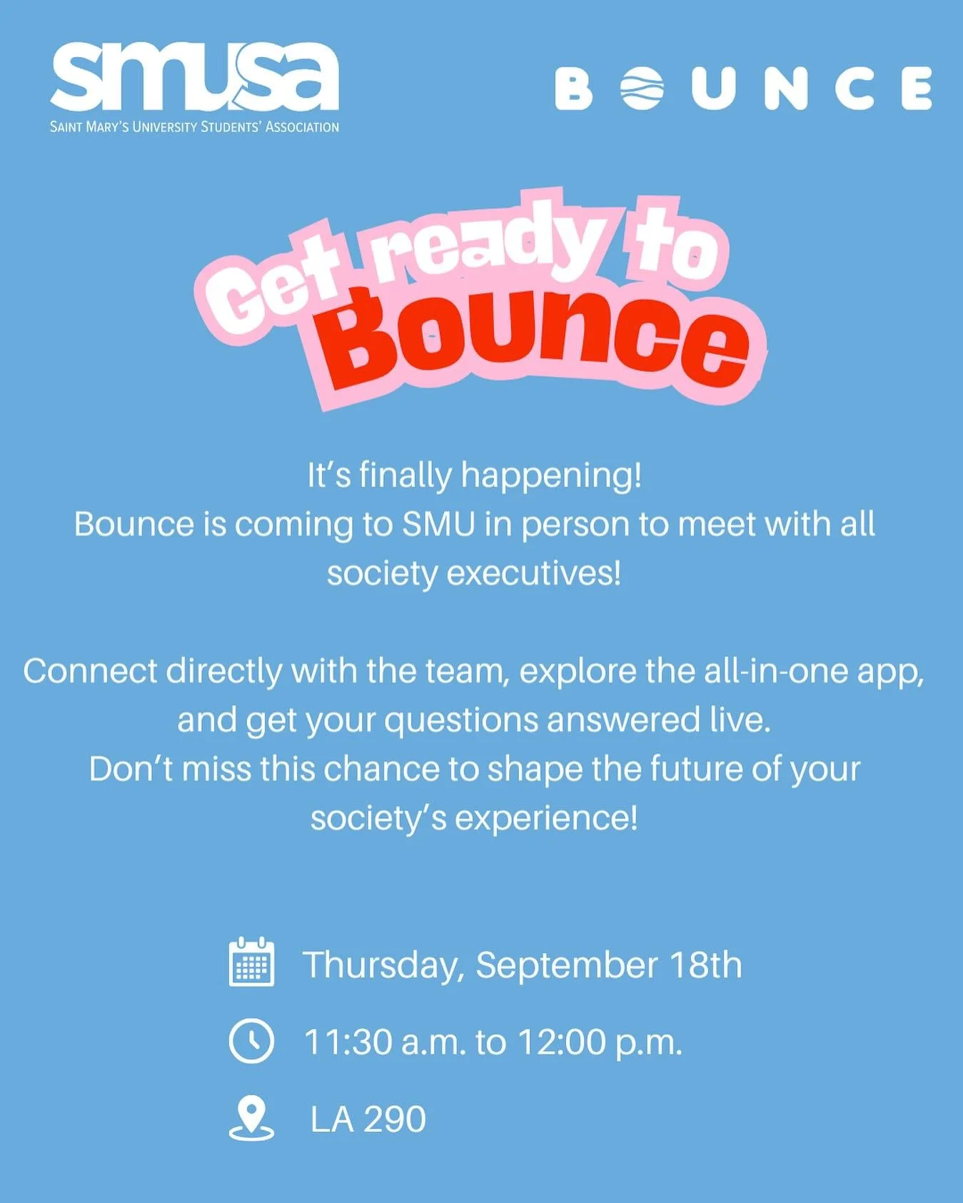 The wait is over🥳

Bounce is coming to SMU LIVE and in person! 
Society execs, this is your chance to:
- Ask all your burning questions
- Explore the all-in-one app everyone&rsquo;s been talking about
- Connect face-to-face with the Bounce team

📍 