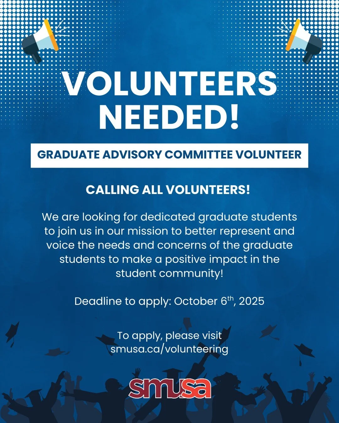 Join the Graduate Advisory Committee to connect with like-minded peers, discuss important issues, and help shape better representation and advocacy for all grad students. 🗣️🤝⁠
⁠
Deadline to apply: October 6th, 2025!⁠
Visit smusa.ca/volunteering for