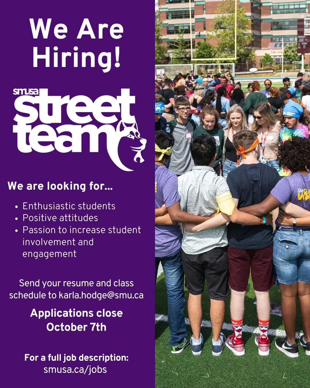 🚨 It&rsquo;s that time of year again - we&rsquo;re hiring our SMUSA Street Team! 🙌⁠
We&rsquo;ve got 5 positions open for students who want to get involved, promote events, and connect with the SMU community.⁠
⁠
🔗 Apply now at smusa.ca/jobs or on C