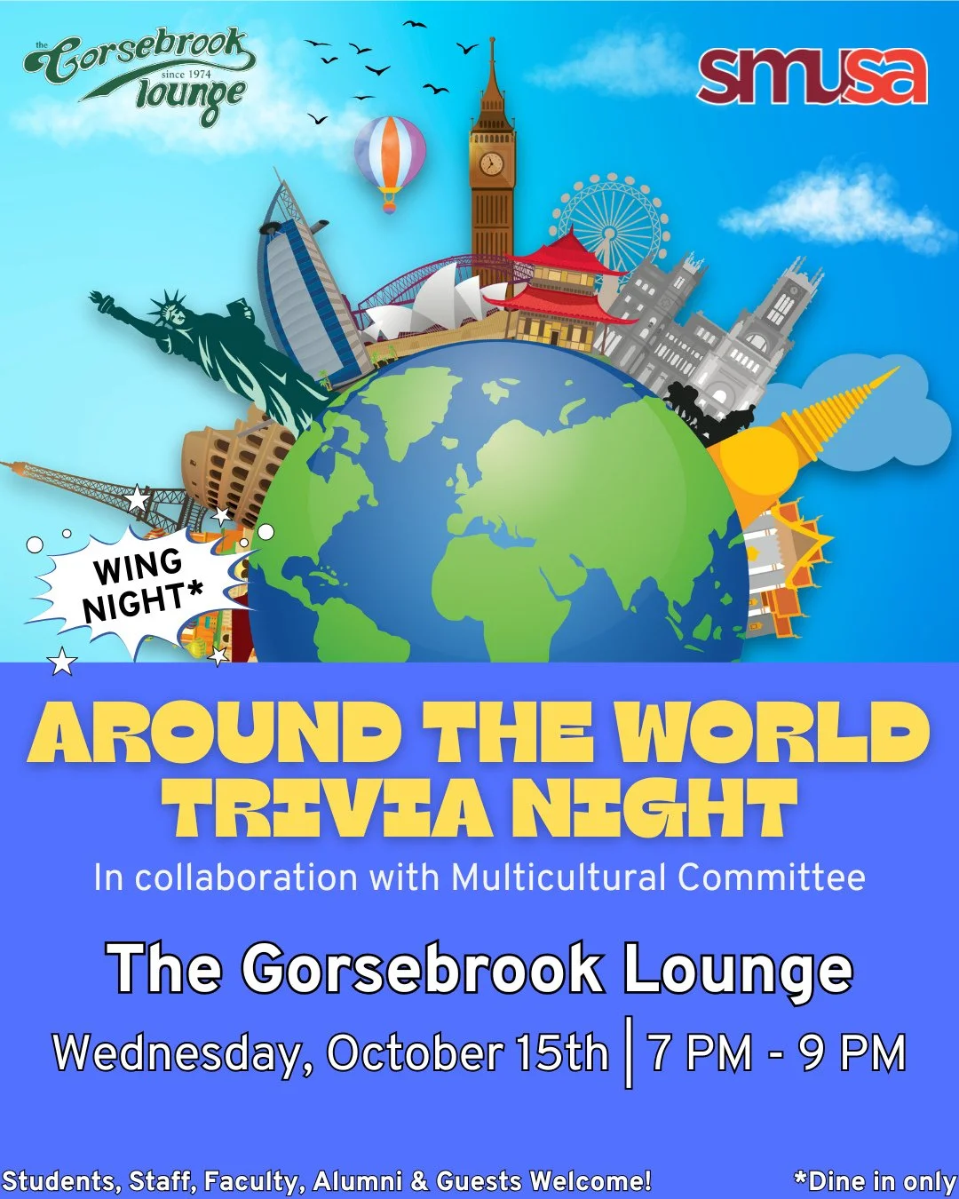 🌍 One night, countless destinations. Test your knowledge of global icons, foods, flags, and festivals at Around the World Trivia in collaboration with the Multicultural Committee. No passport required, just friends, wings, and a taste for victory. ✈