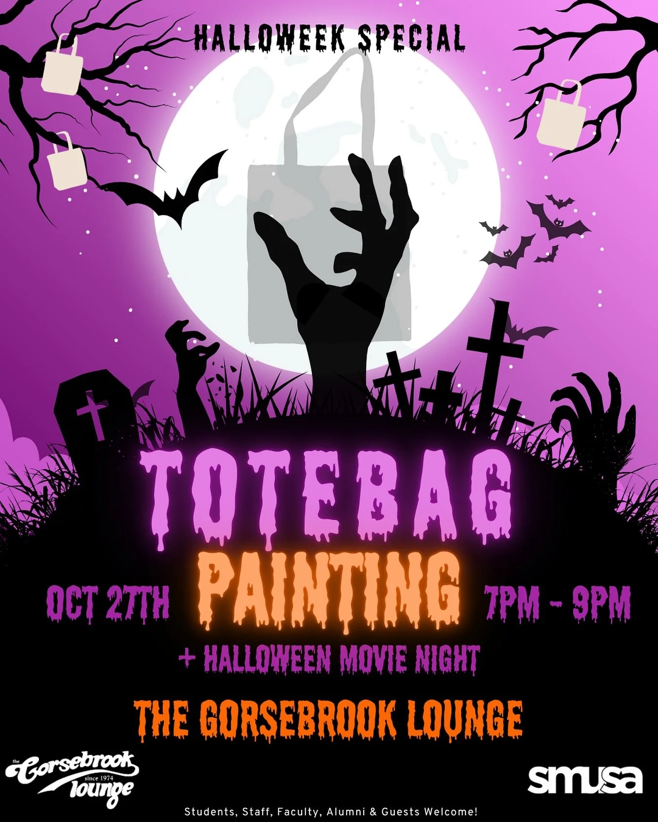 We’re kicking off Halloweek with a cozy night at The Gorsebrook Lounge! ๐จ๐ป
Paint your own Halloween tote bag, grab some snacks, and enjoy a spooky movie with friends. ๐ฟ๐
The perfect way to start a week full of chills, creativity, and good