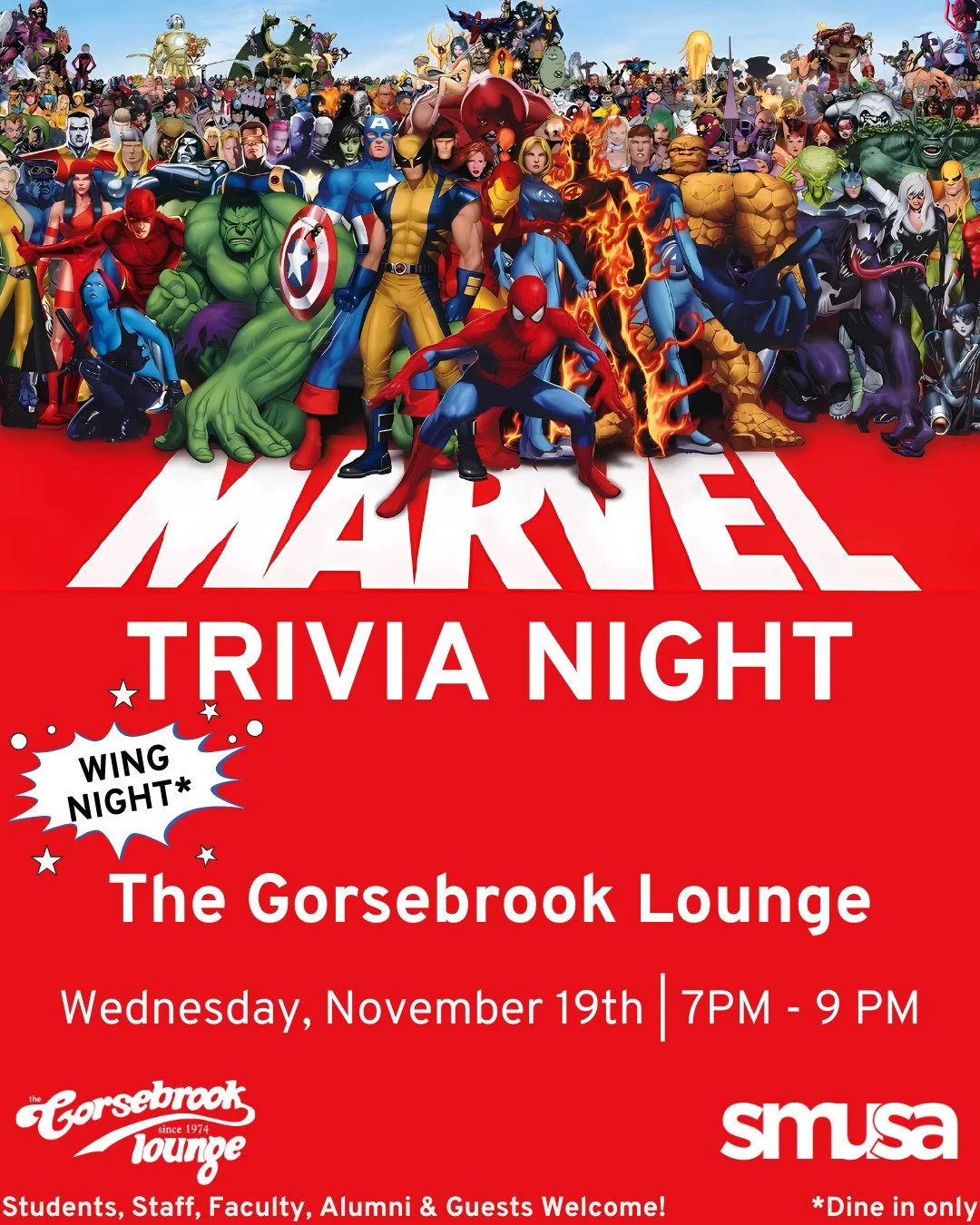 💥 Avengers, assemble. From the Infinity Saga to Disney+ deep cuts, suit up for Marvel Trivia and prove your team is the mightiest on campus. Wings, prizes, multiverse-level bragging rights. 🛡️