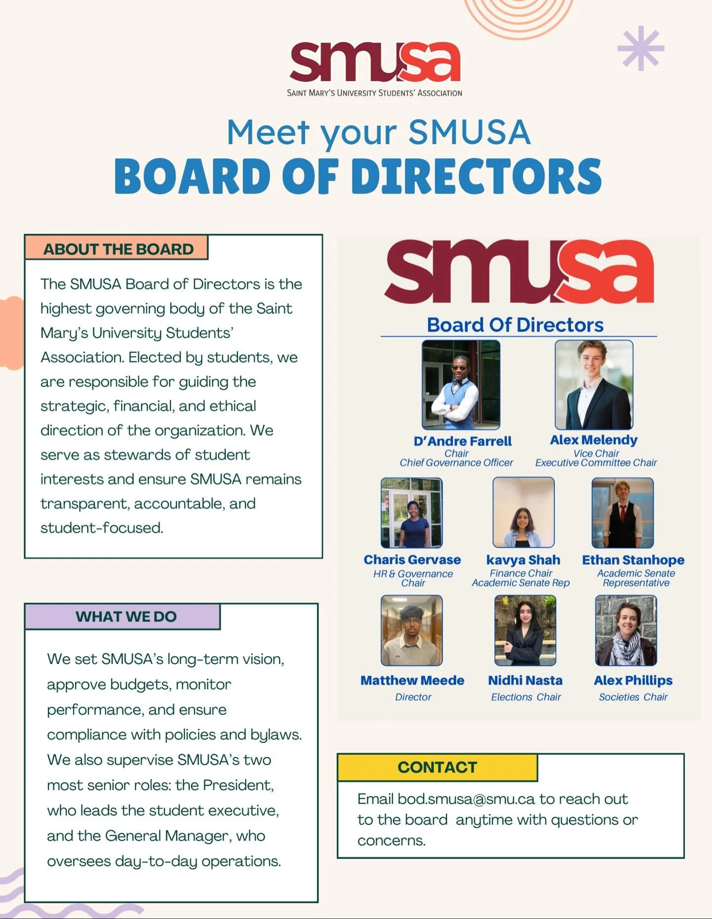Ever wondered who helps keep SMUSA running behind the scenes👀

Meet the SMUSA Board of Directors: the decision-makers, policy-shapers, and student advocates working across multiple committees to make sure your campus experience is supported, represe