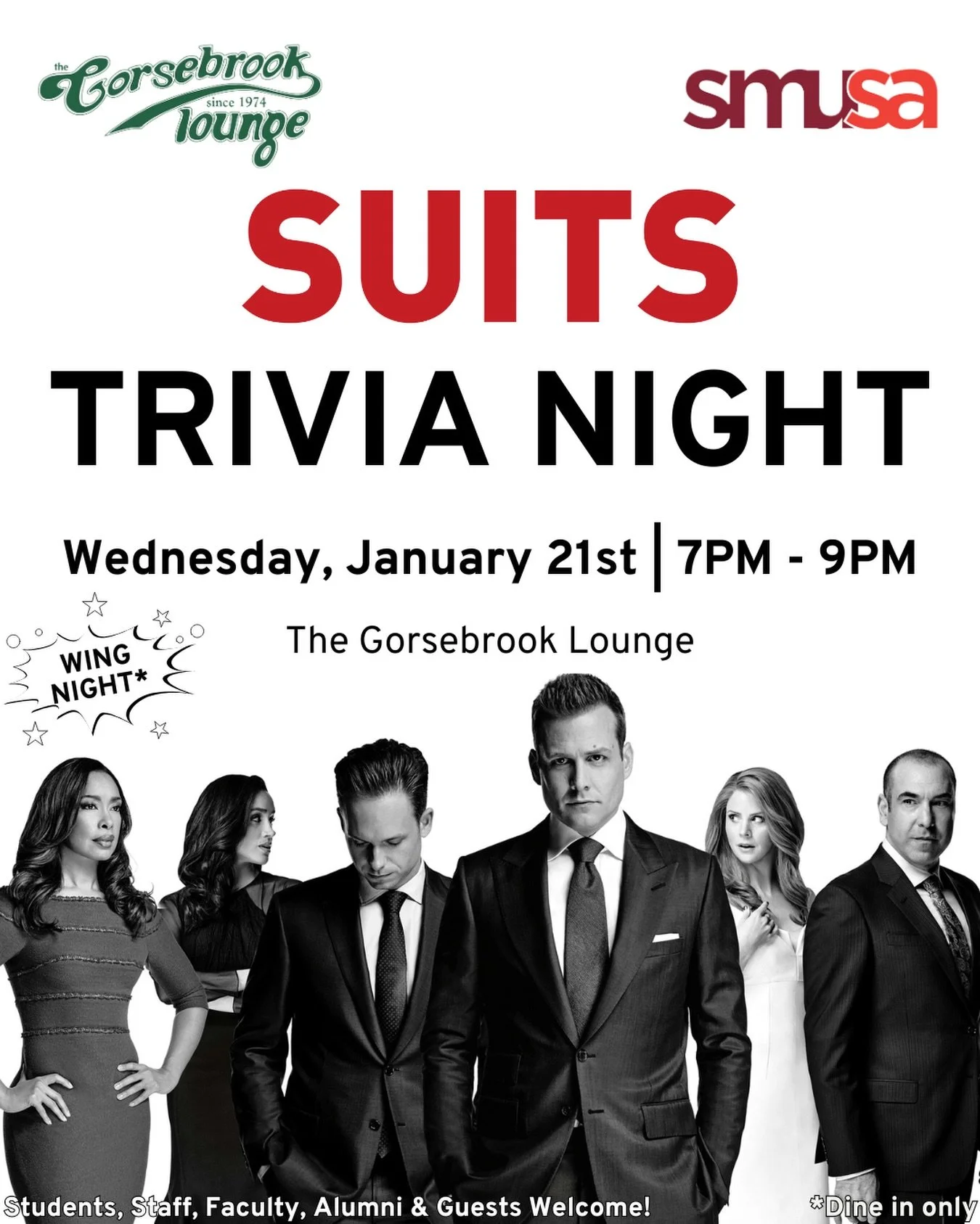 📂 This deposition is about to get personal. Test your Suits knowledge at trivia night packed with courtroom chaos power plays and Wing Night. Suit up bring the firm and play to win.