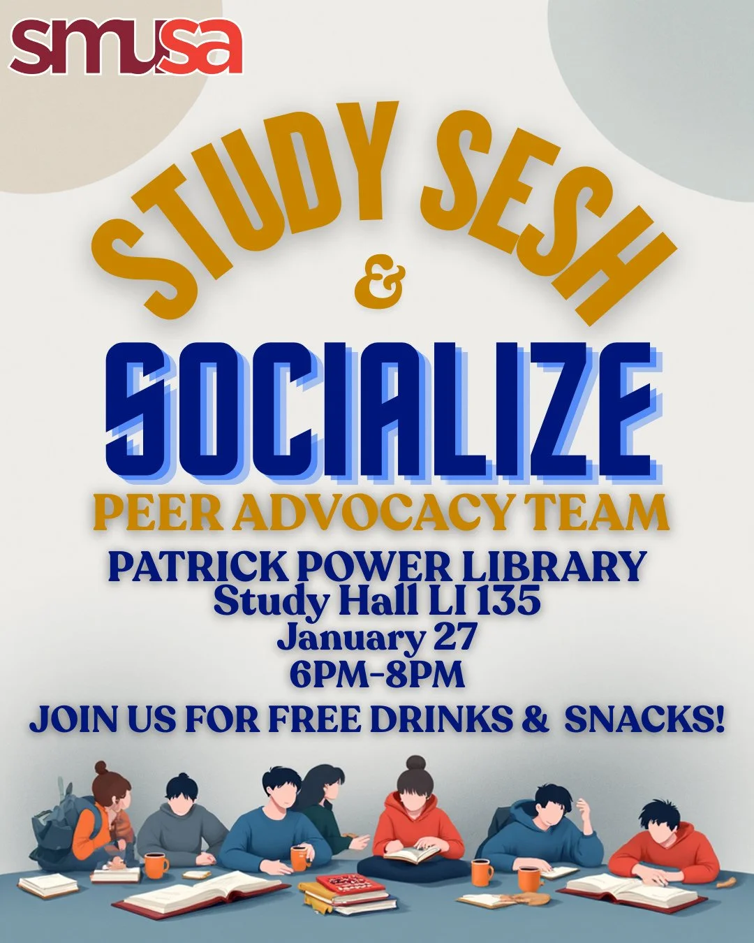 Looking for a productive yet fun night? Come study and socialize with us&mdash;snacks and refreshments provided to keep you energized! ✨☕🍪