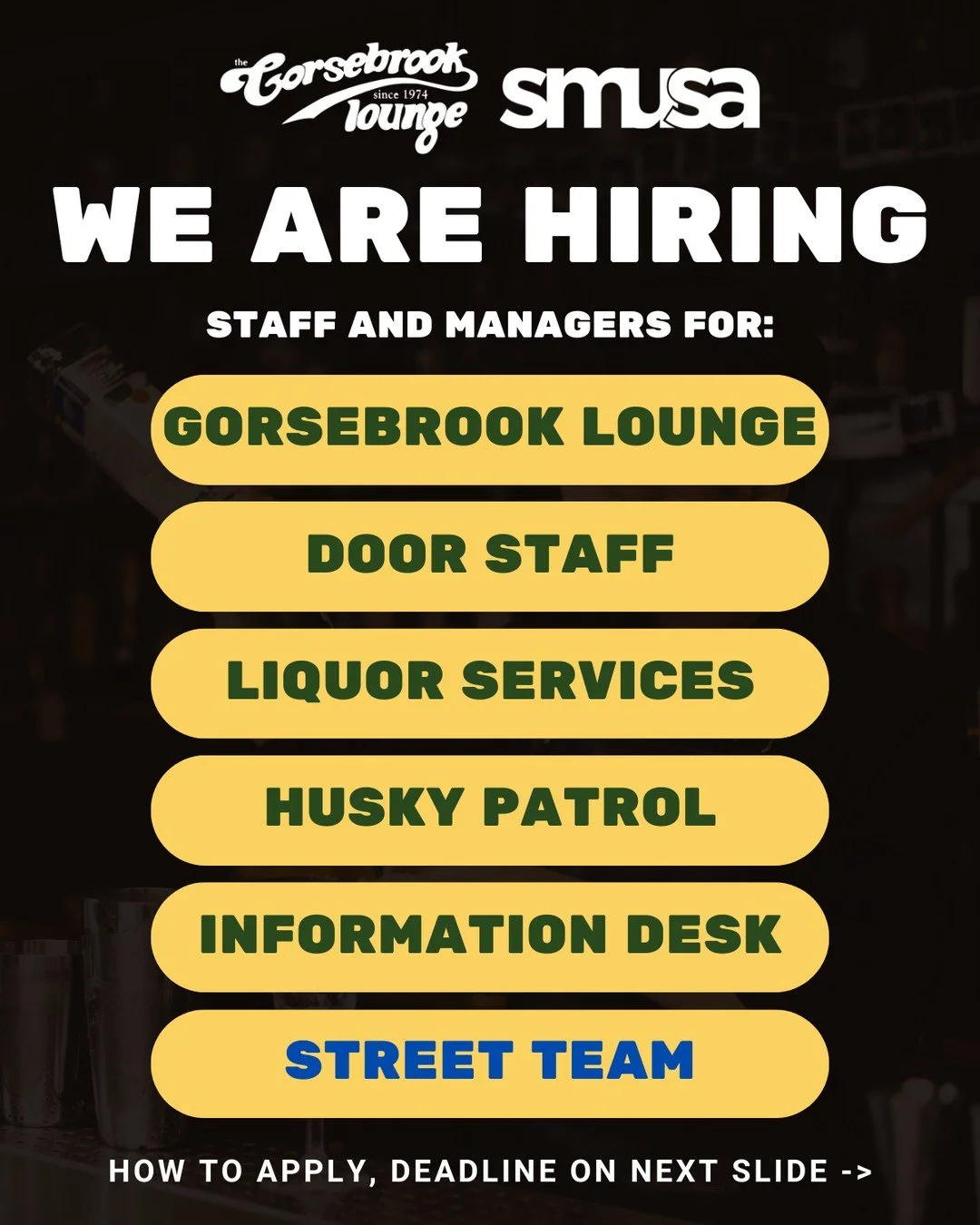 Now Hiring! Don&rsquo;t miss out on the chance to join our team. Applications available at the 5th floor of the Student Center, SMUSA office.⁠
⁠
Job Start Date: September 2026