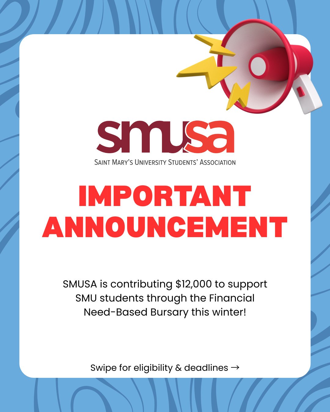 Supporting students when it matters most. 💙⁠
⁠
SMUSA is contributing $12,000 to the Financial Need-Based Bursary to help expand support for SMU students facing unexpected financial challenges this winter.⁠
⁠
Swipe for details, eligibility, and how t
