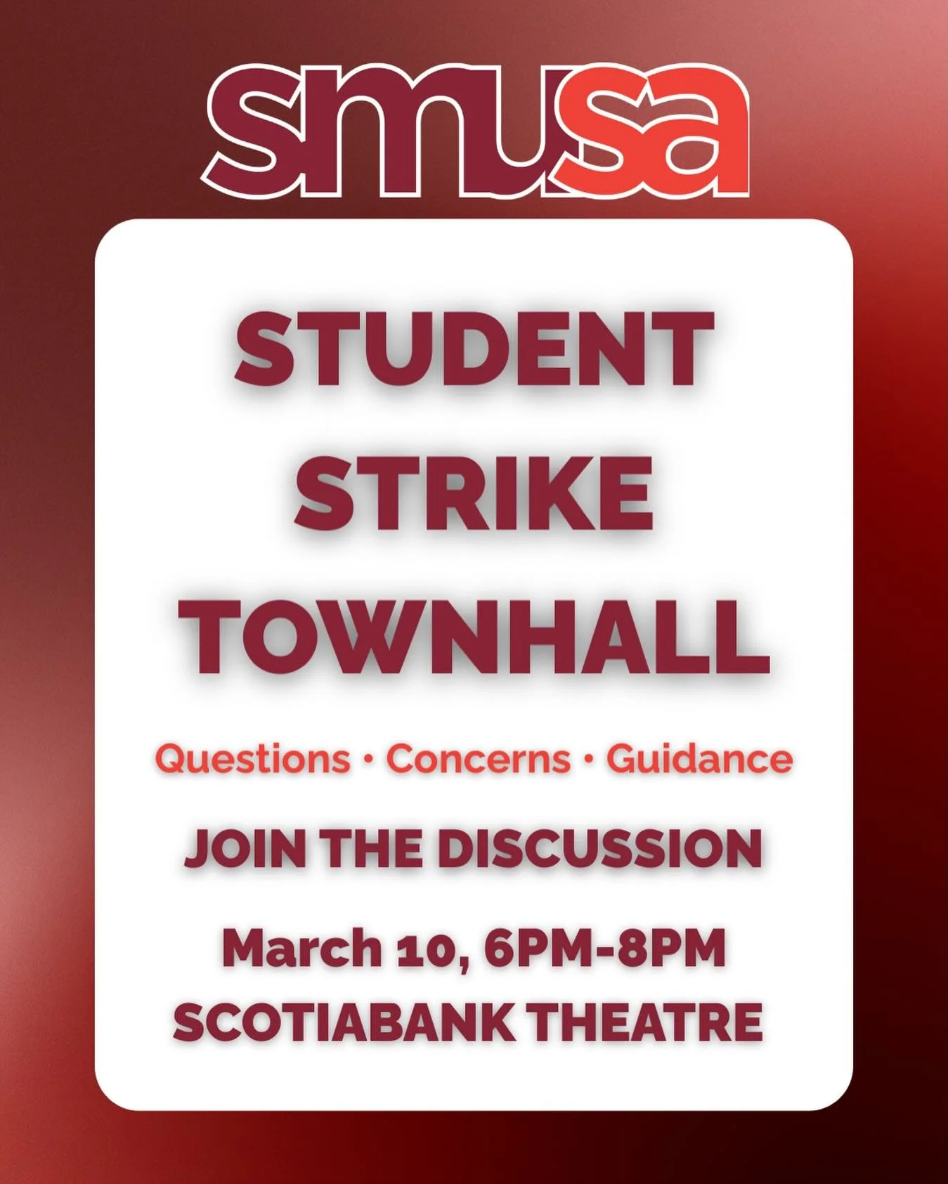 Join the Peer Advocacy Team for a Student Strike Town Hall where SMU students will have the opportunity to ask questions and share concerns directly with representatives from the NS Student Strike organizing committee, SMUFU, and CUPE 3912.

This ses