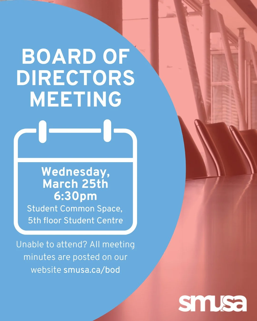Join us for the final SMUSA Board of Directors meeting of the year on Wednesday, March 25 at 6:30 PM in the Student Common Space (5th Floor, Student Centre).⁠
⁠
All meeting minutes are available on our website at smusa.ca/bod.