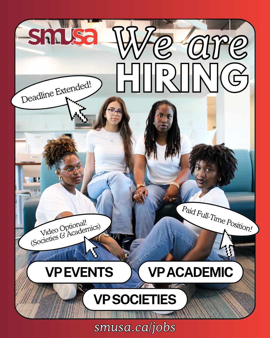 🚨 SMUSA Executive Hiring Update 🚨⁠
⁠
Thinking about applying? Here&rsquo;s what you need to know 👇⁠
⁠
⏰ Deadline extended to April 12th⁠
🎥 Video submission now optional for the VP Societies and VP Academics roles⁠
💼 Full-time paid position⁠
⁠
If