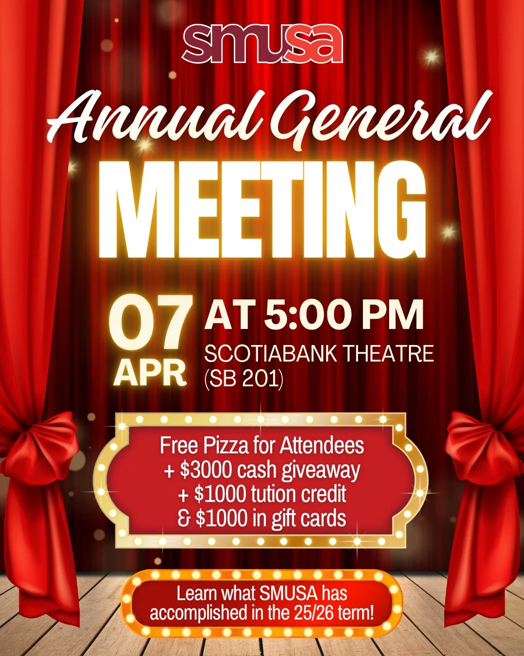 Join us for the SMUSA Annual General Meeting on April 7th from 5:00&ndash;7:00 PM at Scotiabank Theatre (SB 201). Come see everything SMUSA has accomplished during the 2025/26 term and what&rsquo;s been happening behind the scenes this year.⁠
⁠
Plus 