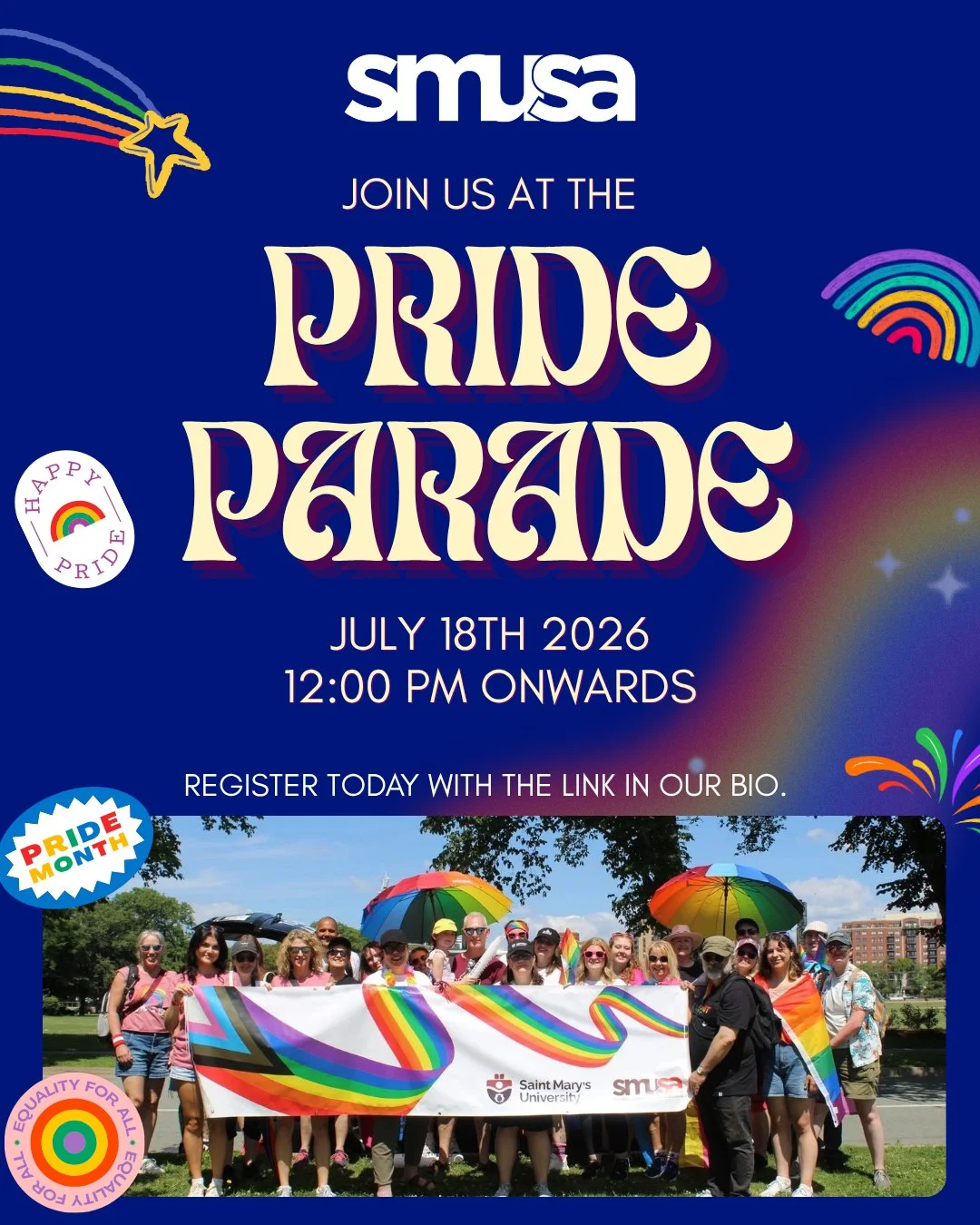 🌈 Show your Husky Pride at the 2026 Halifax Pride Parade! 🐾⁠
⁠
Join the Saint Mary's University community on Saturday, July 18 at 12 p.m. as we come together to celebrate Pride, inclusion, and community.⁠
⁠
Students, alumni, faculty, staff, and the