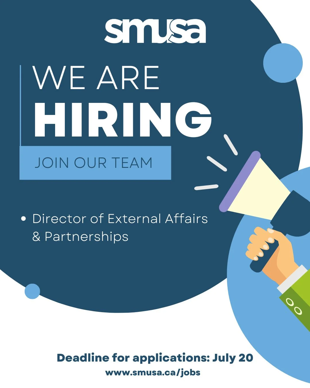 📢 We're hiring!⁠
⁠
SMUSA is looking for a Director of External Affairs &amp; Partnerships for the 2026&ndash;2027 academic year.⁠
⁠
If you're passionate about student advocacy, building community partnerships, and representing the student voice, we 