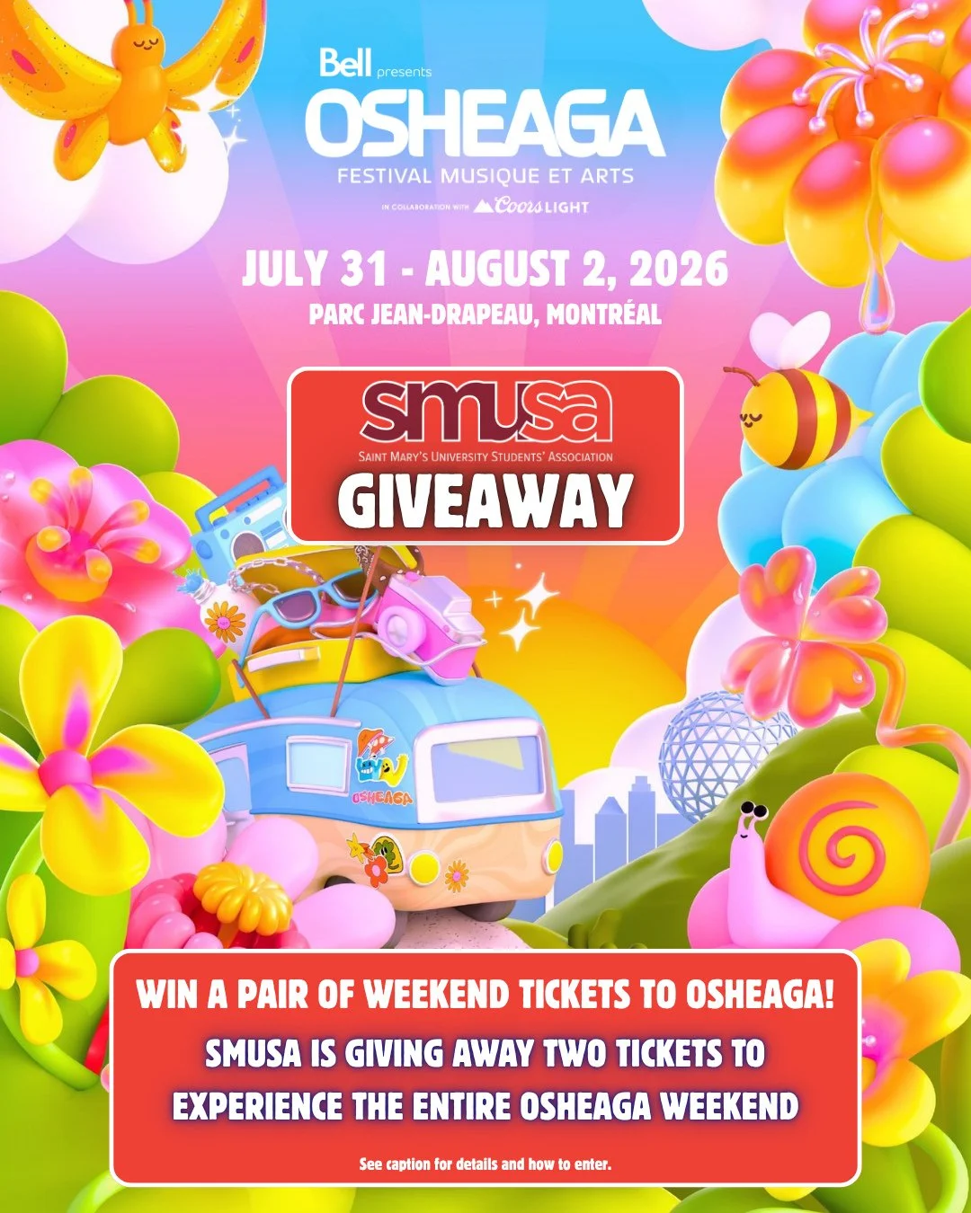 🚨GIVEAWAY CLOSED🚨

SMUSA is sending one lucky Saint Mary&rsquo;s student and a plus one to @osheaga 2026 in Montr&eacute;al! 🇨🇦⁠
⁠
🎟️ You could win:⁠
✨ A pair of 3-Day General Admission tickets to OSHEAGA Music &amp; Arts Festival at Parc Jean-D