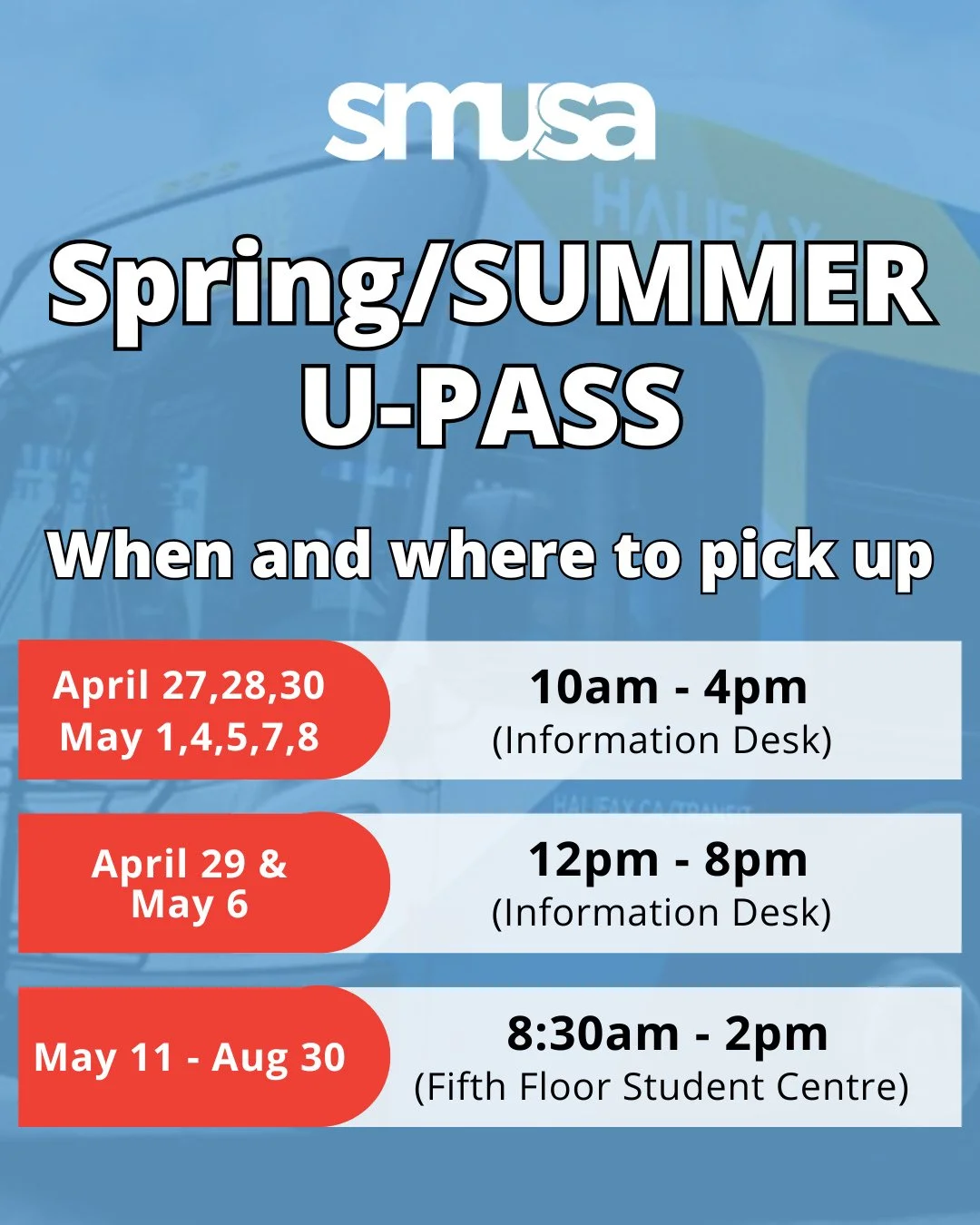 SPRING &amp; SUMMER U-PASS 🚌 ⁠
Starting April 27th students can pick up their U-Pass at the Information Desk on the first floor of the Student Centre! Students must be enrolled in 1 or more courses in the Spring/Summer to be eligible to receive the 