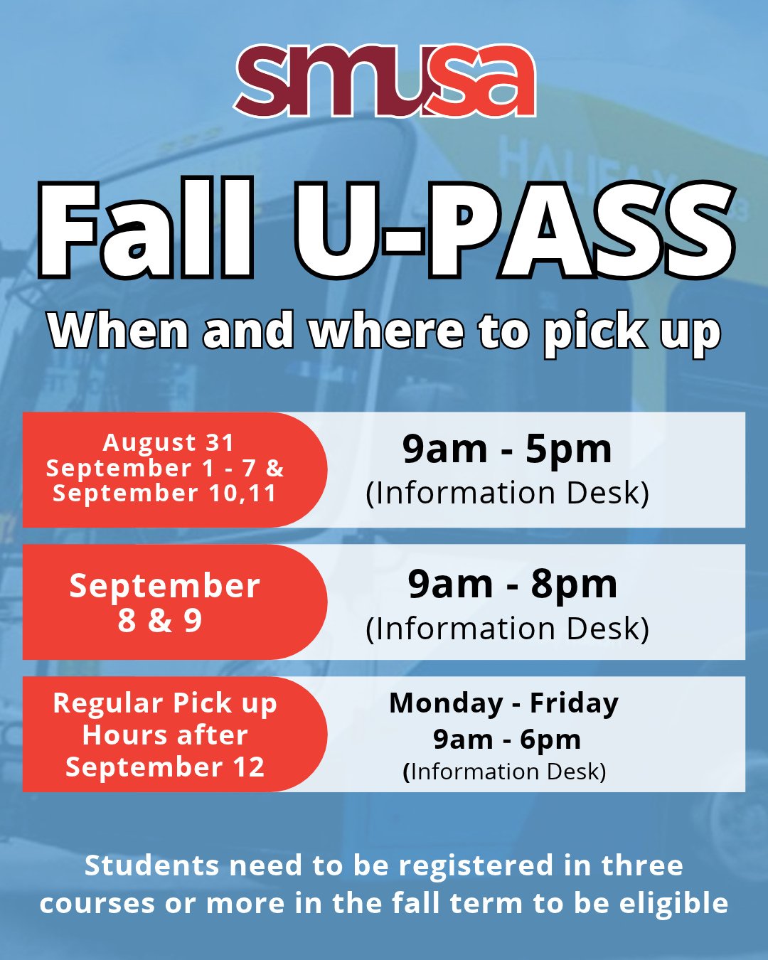 FALL U-PASS 🚌 ⁠
Starting August 31st students can pick up their U-Pass at the Information Desk on the first floor of the Student Centre! Students enrolled in 3 or more courses are eligible to receive the U-Pass. Make sure you have your Student ID ca