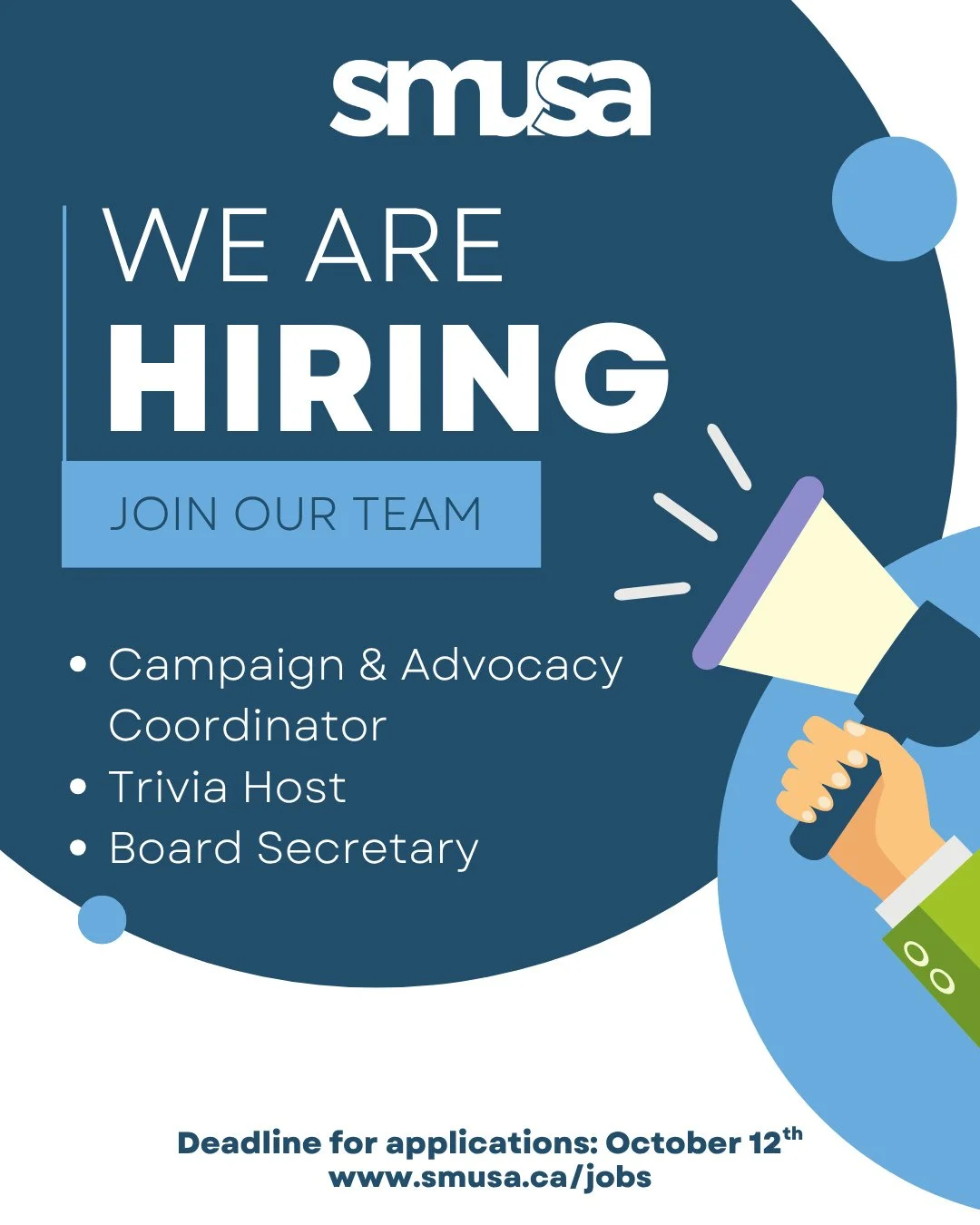 🚨 We&rsquo;re hiring! 🚨⁠
⁠
We have 3 new student job opportunities available:⁠
⁠
✅ Campaign &amp; Advocacy Coordinator⁠
✅ Trivia Host⁠
✅ Board Secretary⁠
⁠
Think you&rsquo;d be a great fit? Applications are open now!⁠
⁠
🔗 Apply at smusa.ca/jobs or