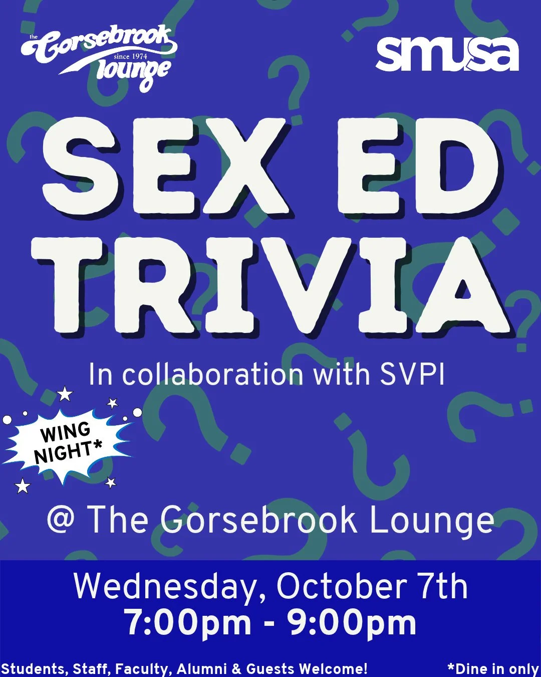 Join us for Sex Ed Trivia + Wing Night, in partnership with the Sexual Violence Prevention Initiative (SVPI) 💜⁠
⁠
Come test your knowledge, learn something new, and enjoy a night of fun, food, and sex-positive education!⁠
⁠
🍗 Wing Night specials⁠
?