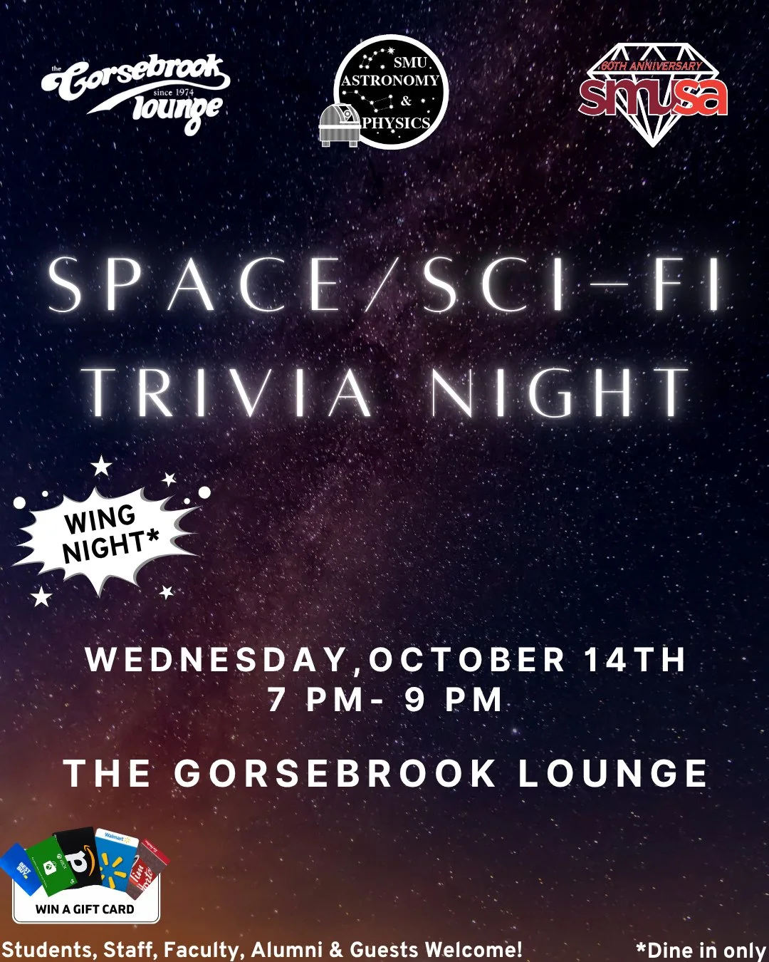 Ready to put your space and sci-fi knowledge to the test? 🚀🌌 ⁠
⁠
Join us at Gorsebrook Lounge for Space &amp; Sci-Fi Trivia Night, in collaboration with the SMU Astronomy &amp; Physics Society. Gather your crew and get ready for a night that&rsquo;