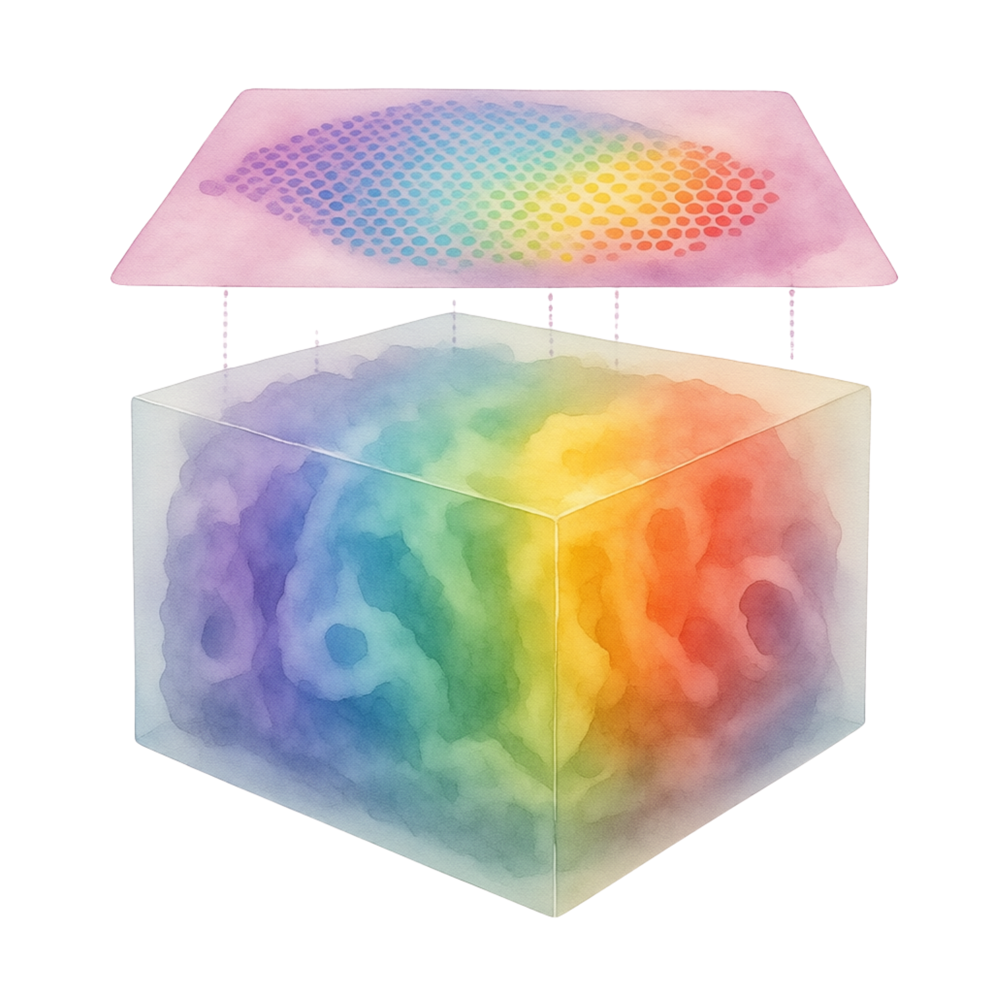 Colorful square with rainbow dots surrounded by watercolor-style borders