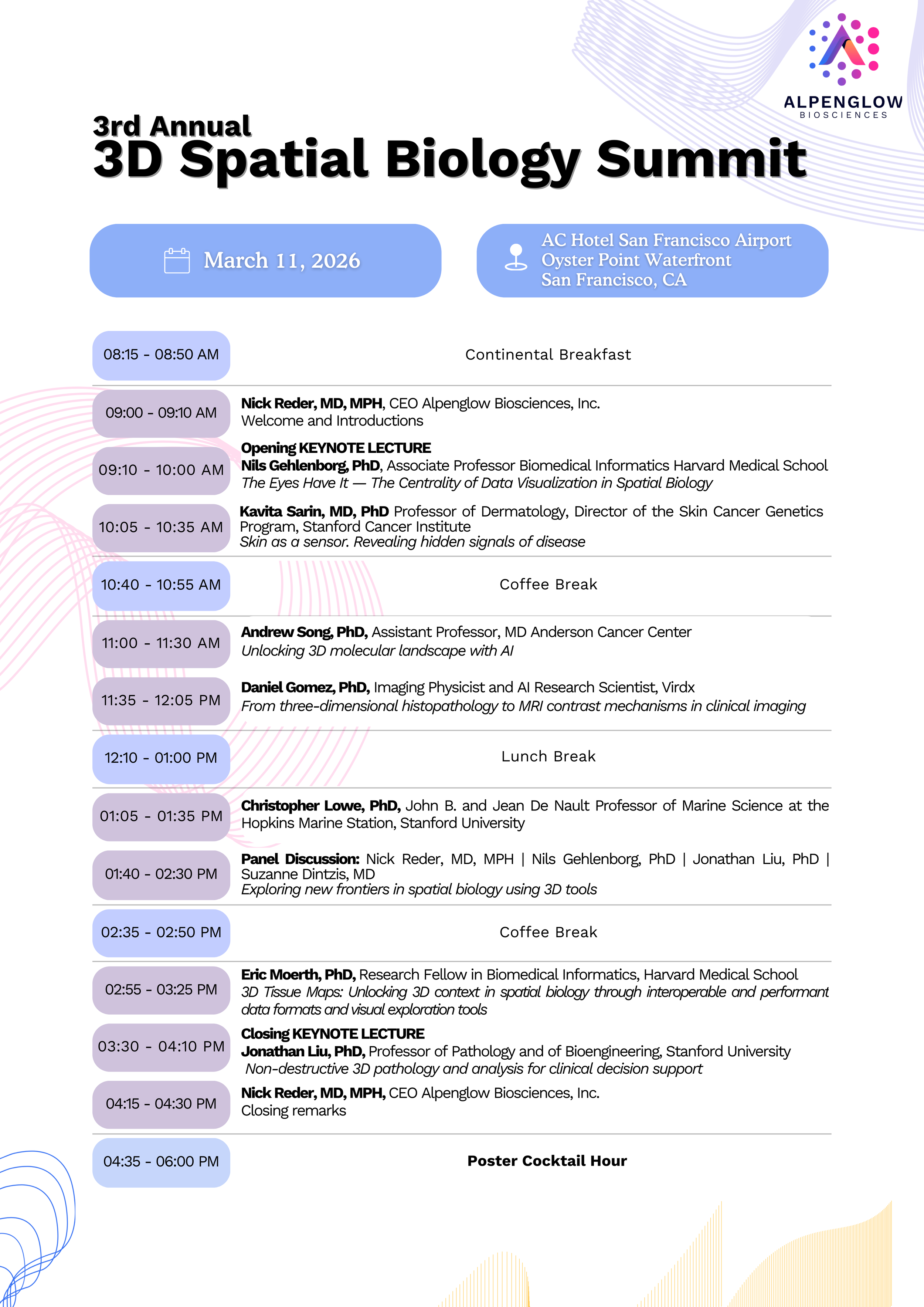Event schedule for the 3rd Annual 3D Spatial Biology Summit on March 11, 2026, at AC Hotel San Francisco Airport, Ocean Point Waterfront, including breakfast, keynote speakers, breaks, panel discussion, and poster session.