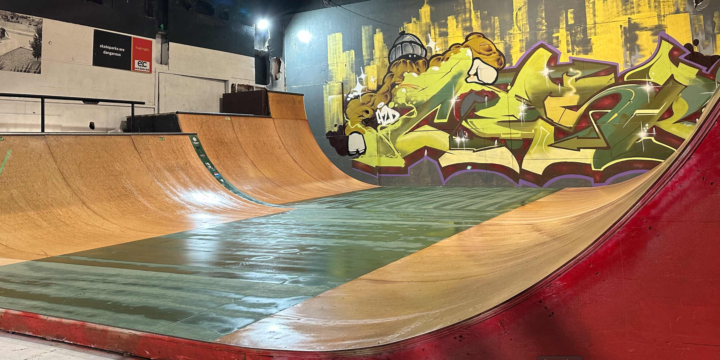 Indoor skatepark with a half-pipe, colorful graffiti on the wall, and signs.