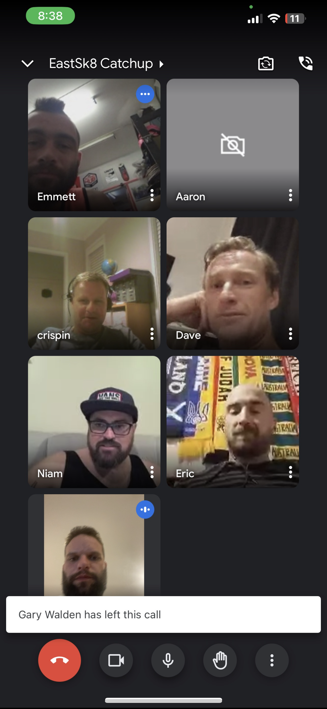 Screenshot of a video call with multiple participants in grid view. Some participants have their video on while others are off. The call is named "EastSk8 Catchup."