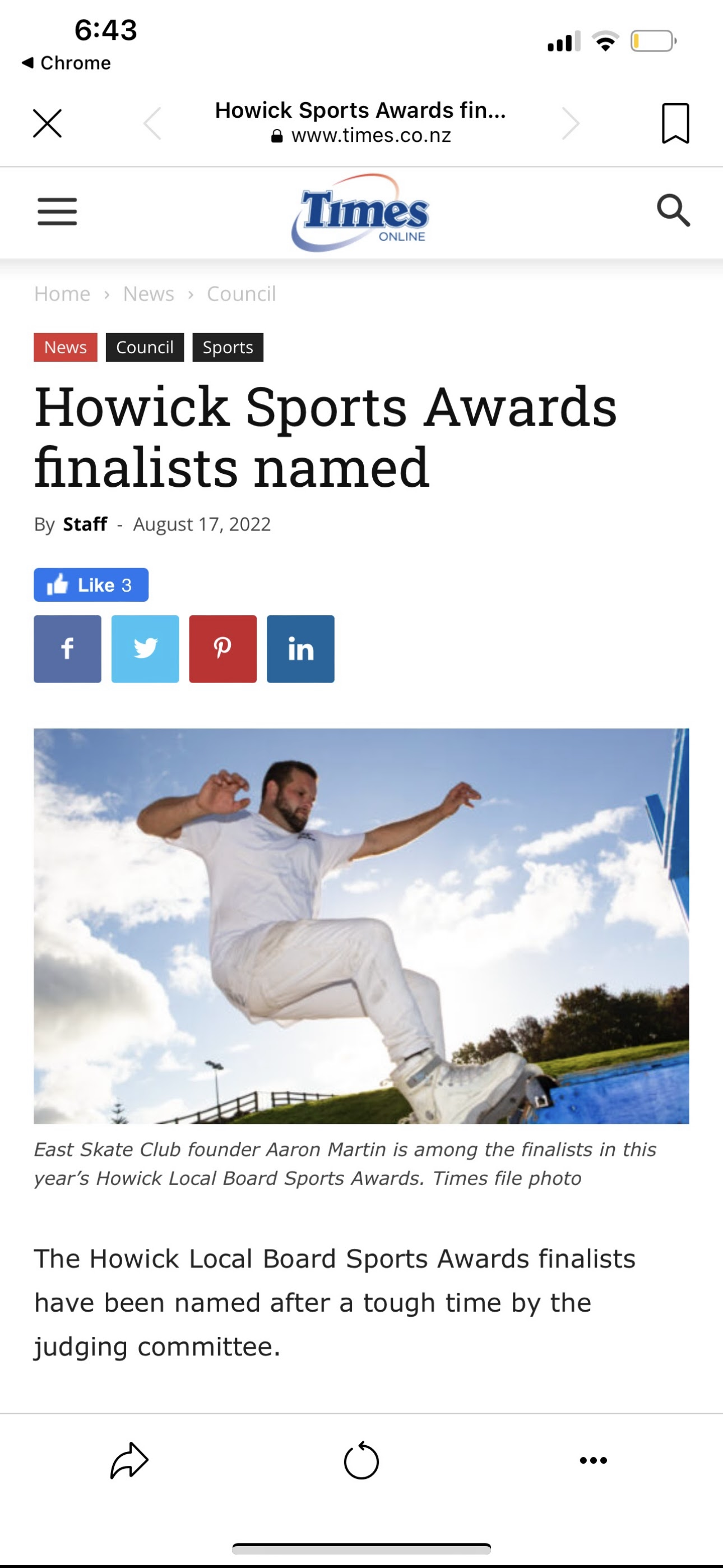 A webpage screenshot from Times Online with the headline 'Howick Sports Awards finalists named.' It includes a photo of a man skateboarding against a blue sky, wearing a white outfit. Text mentions East Skate Club founder Aaron Martin as a finalist.