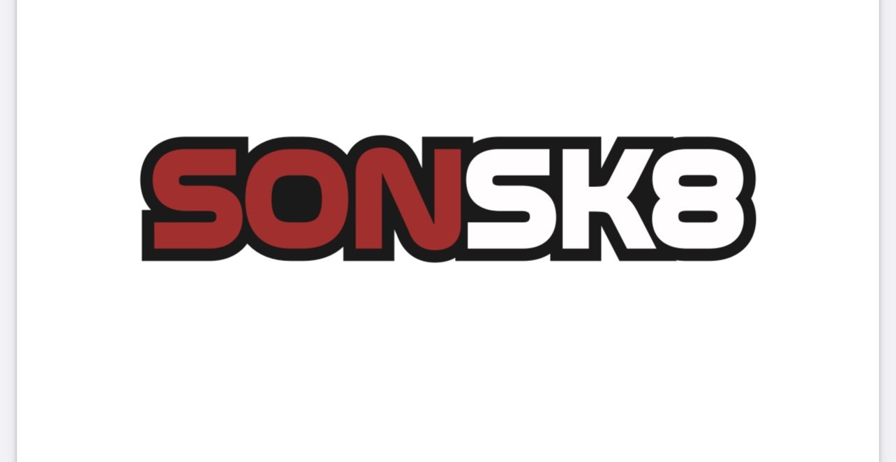 Logo with text 'SONSK8' in red and white on a black outline.