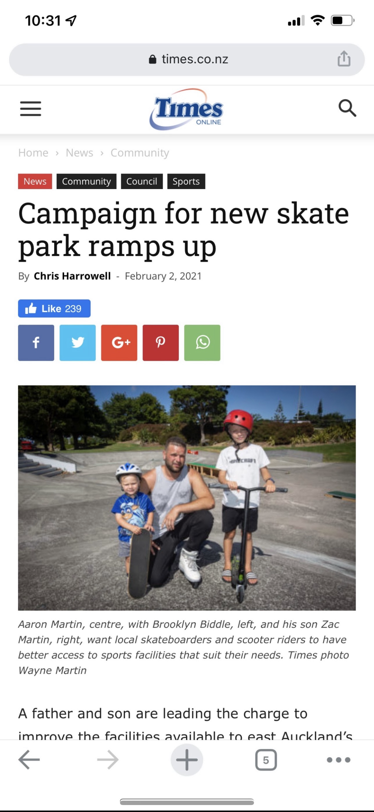 Screenshot of a Times Online article titled "Campaign for new skate park ramps up," featuring an image of two children and an adult at a skate park.