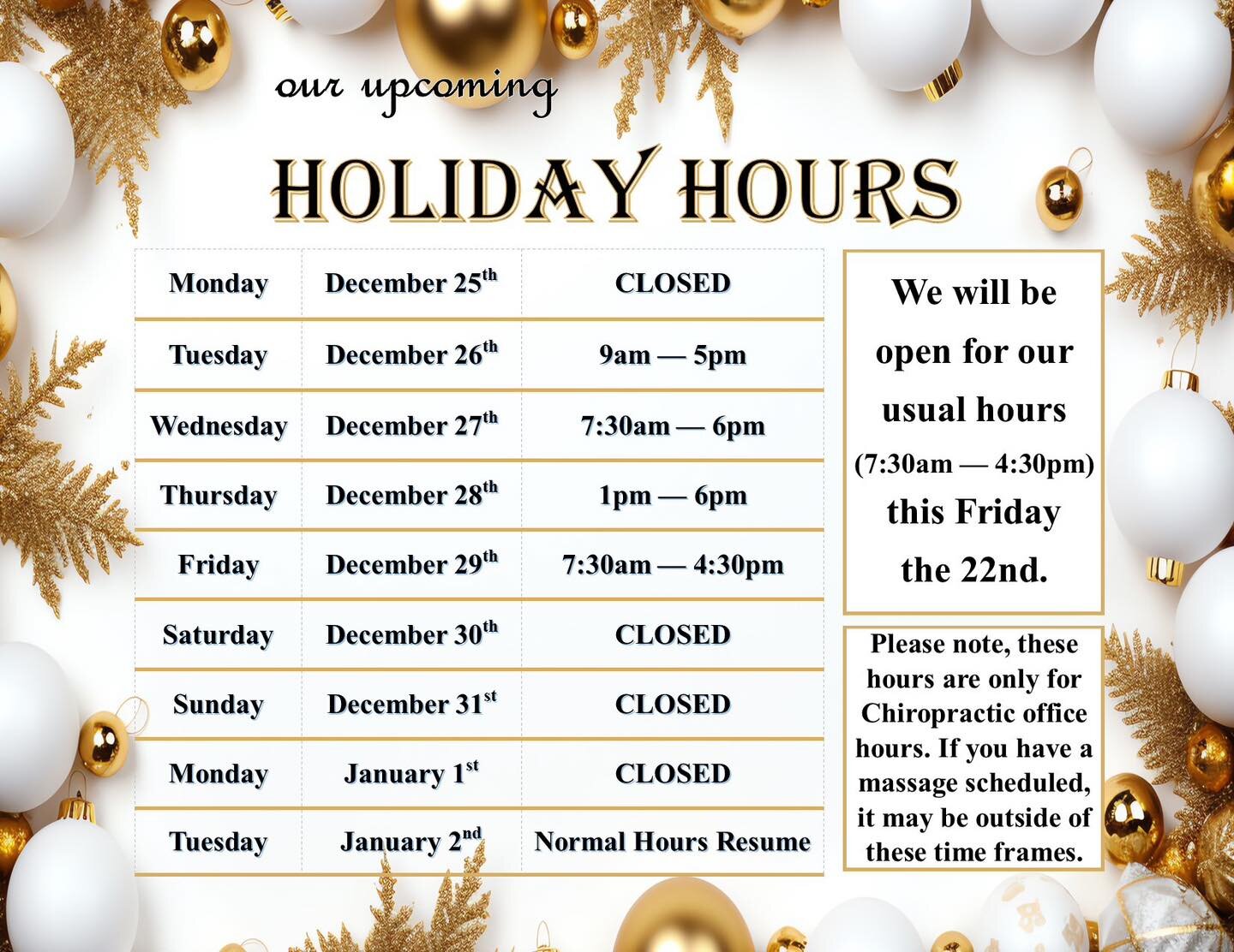 Here are the clinic hours for the next couple of weeks. Have a Happy Holidays from all of us at River Valley Chiropractic!

#rivervalleychiropractic #onalaskachiropractic #onalaskawi #lacrossewisconsin
