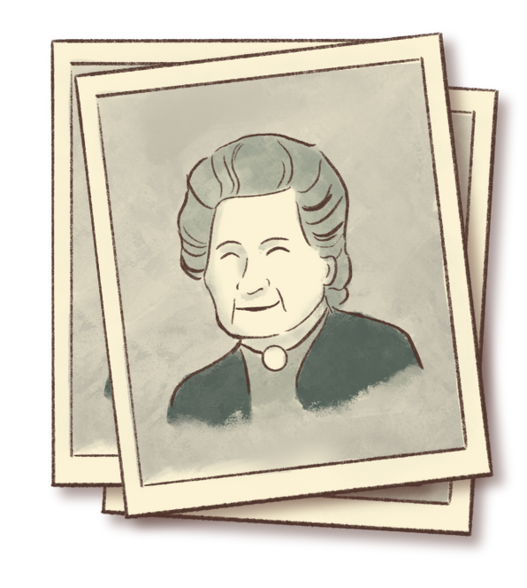 An illustration of a stack of vintage black and white photographs featuring a Maria Montessori.
