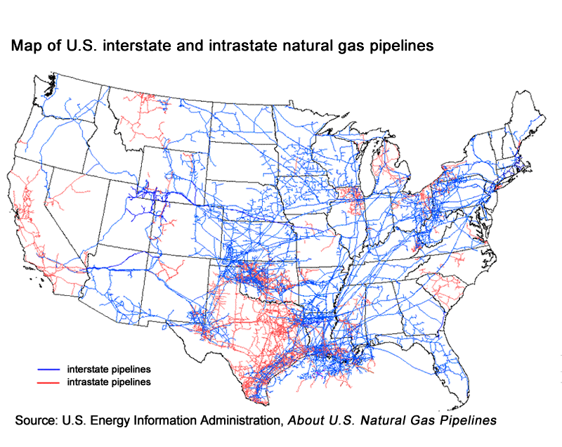 Map of U.S. showing natural gas pipelines in blue for interstate and red for intrastate, sourced from U.S. Energy Information Administration.
