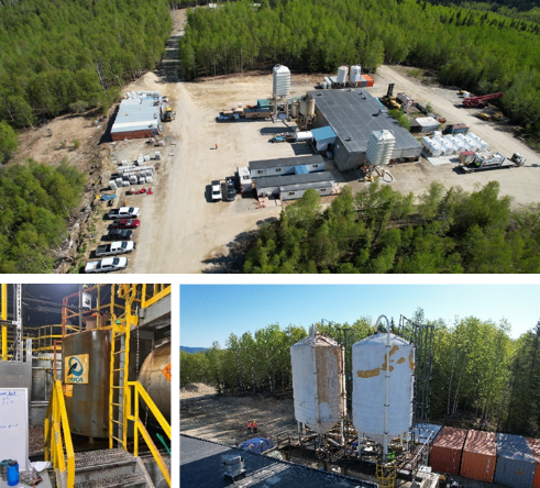 Aerial view of an industrial facility surrounded by forest, with multiple large storage tanks and buildings. Close-up images show large industrial tanks and equipment inside the facility, with nearby forested area visible in the background.