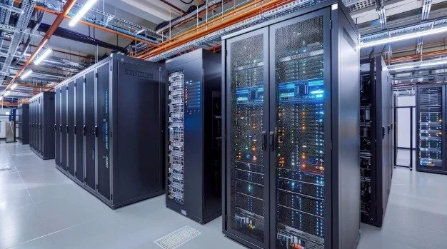 Modern data center with rows of server racks