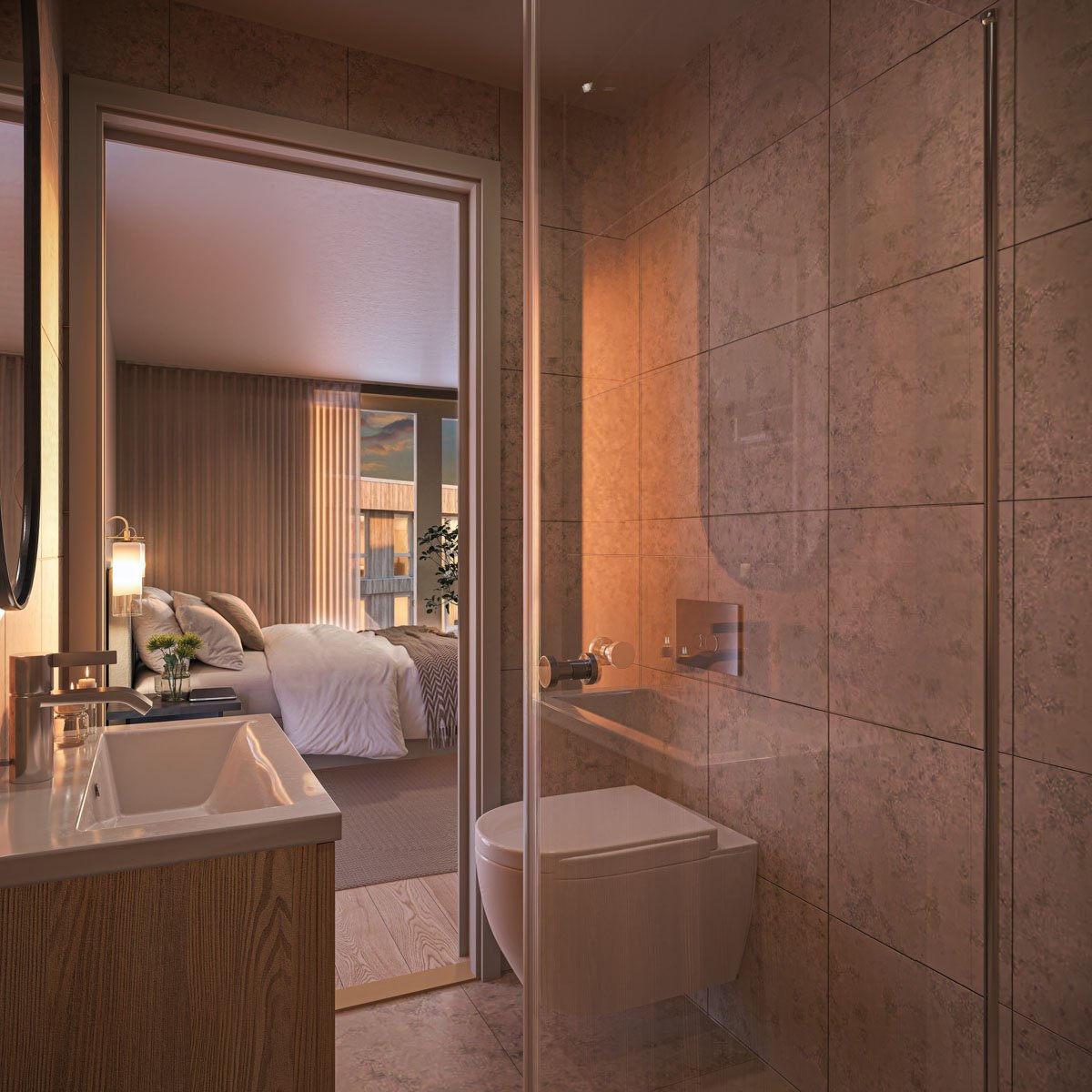 Interiør av et moderne hotellrom med åpent bad, inkludert en vegg med store fliser og et veggmontert toalett, sett fra badet som vender mot soverommet med seng og dekorative elementer.